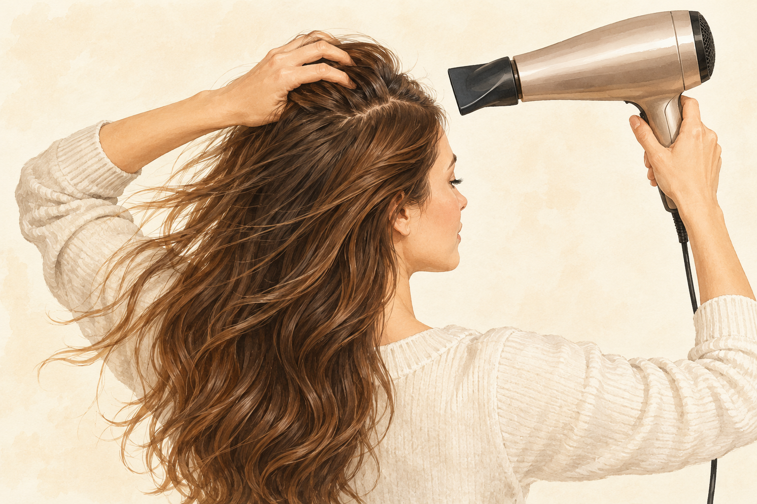 A clothed woman pushes roots opposite their normal side part while aiming a dryer from a safe distance.