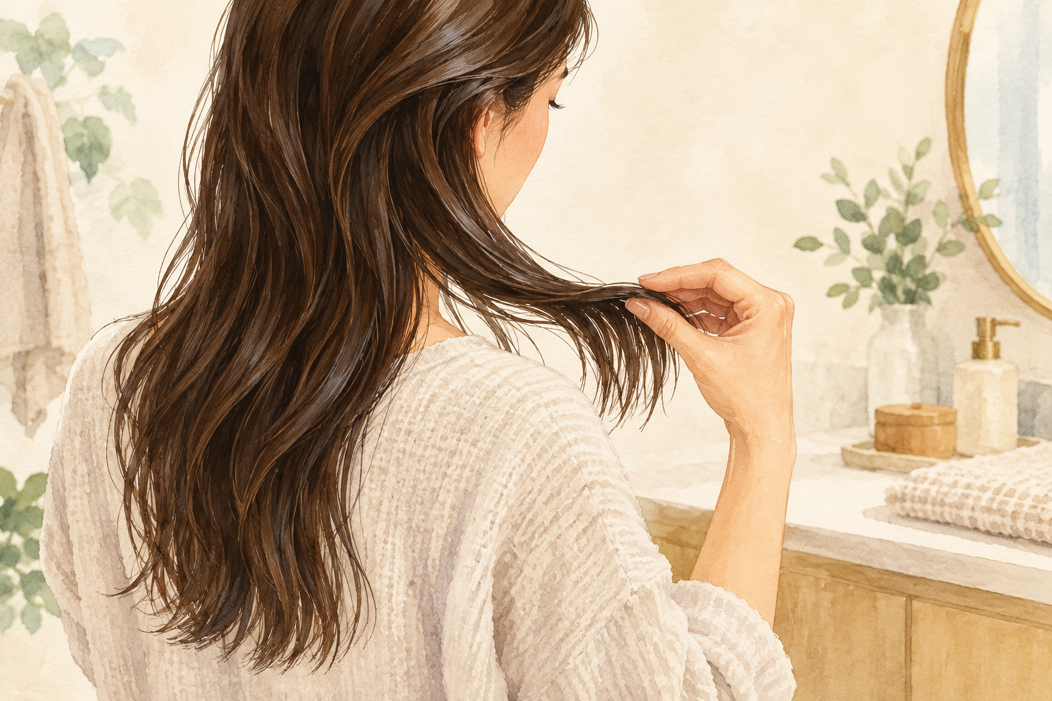 A woman holds a loose hair section near its ends with her fingertips.