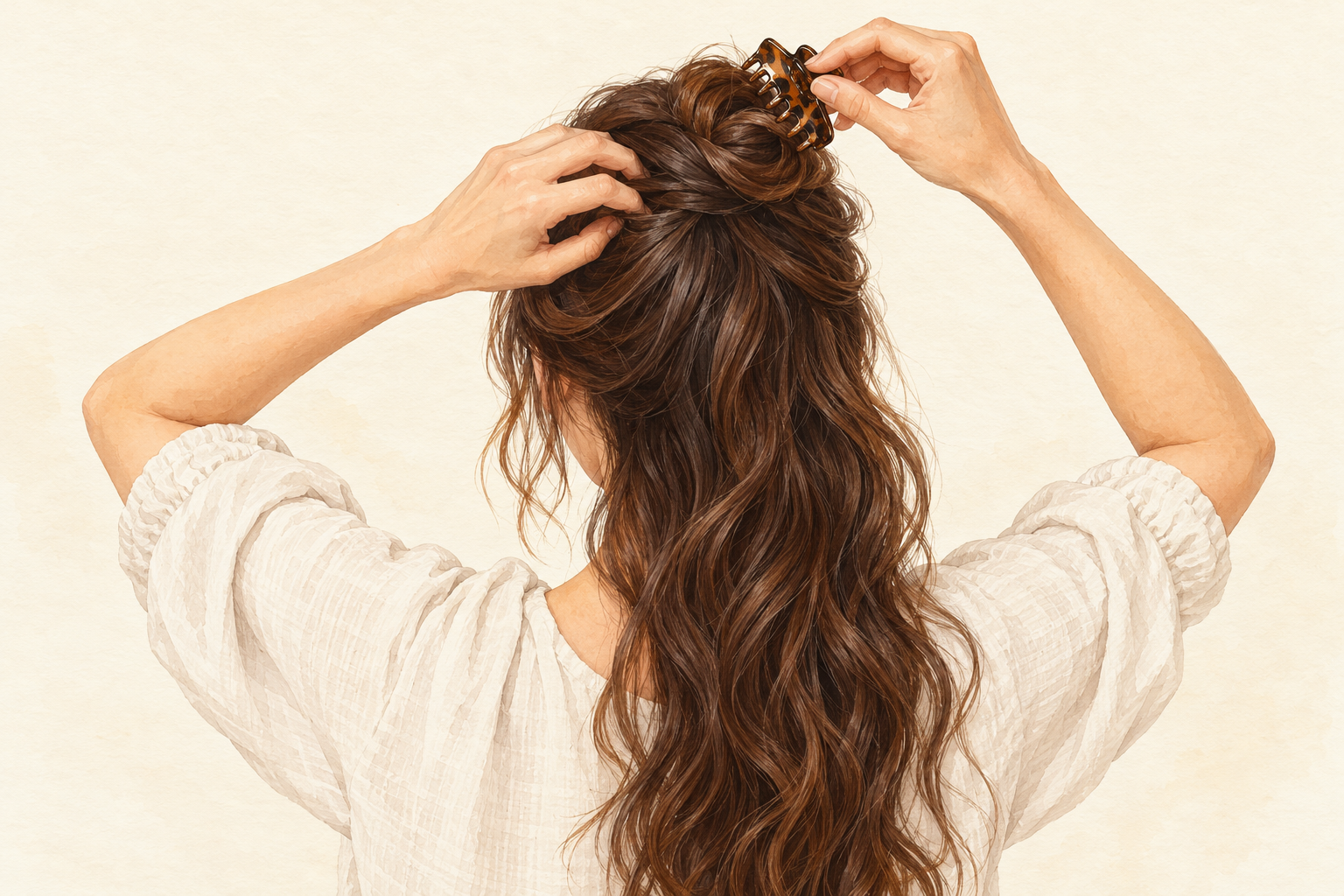 A woman removes a sectioning clip at the crown while loosening roots with her fingertips.