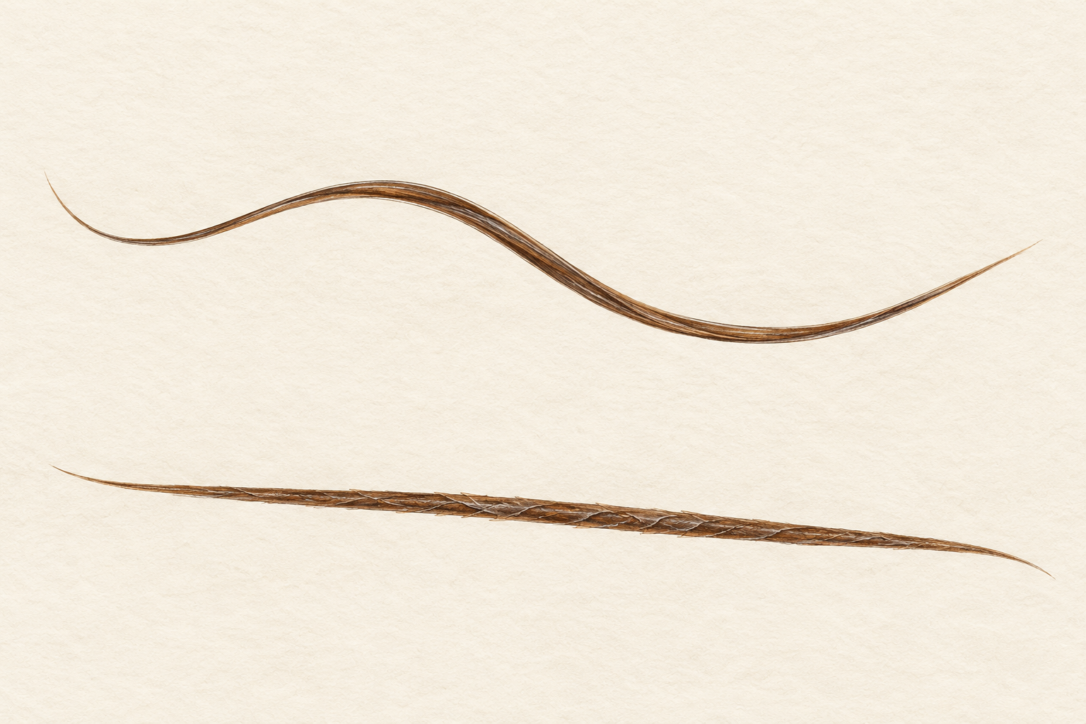 Two separate continuous hair fibers lie side by side, one loosely curved and one straighter with a rough-looking surface.