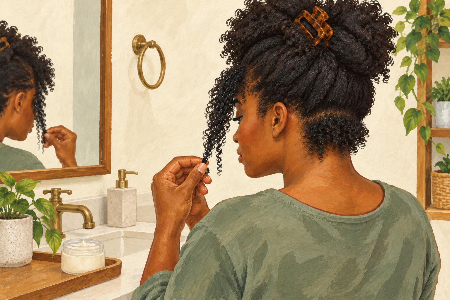 A woman holds a front section of coily hair while her nape curls remain visible.
