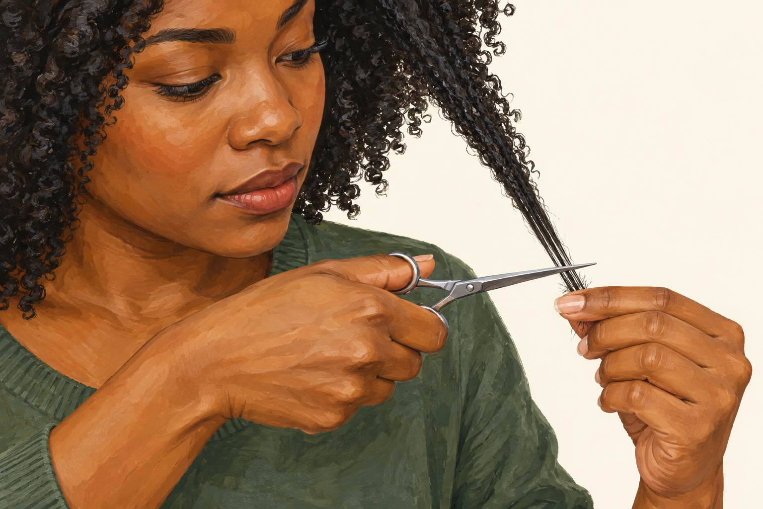 Small scissors meet the straight tips of a supported section among natural coils.