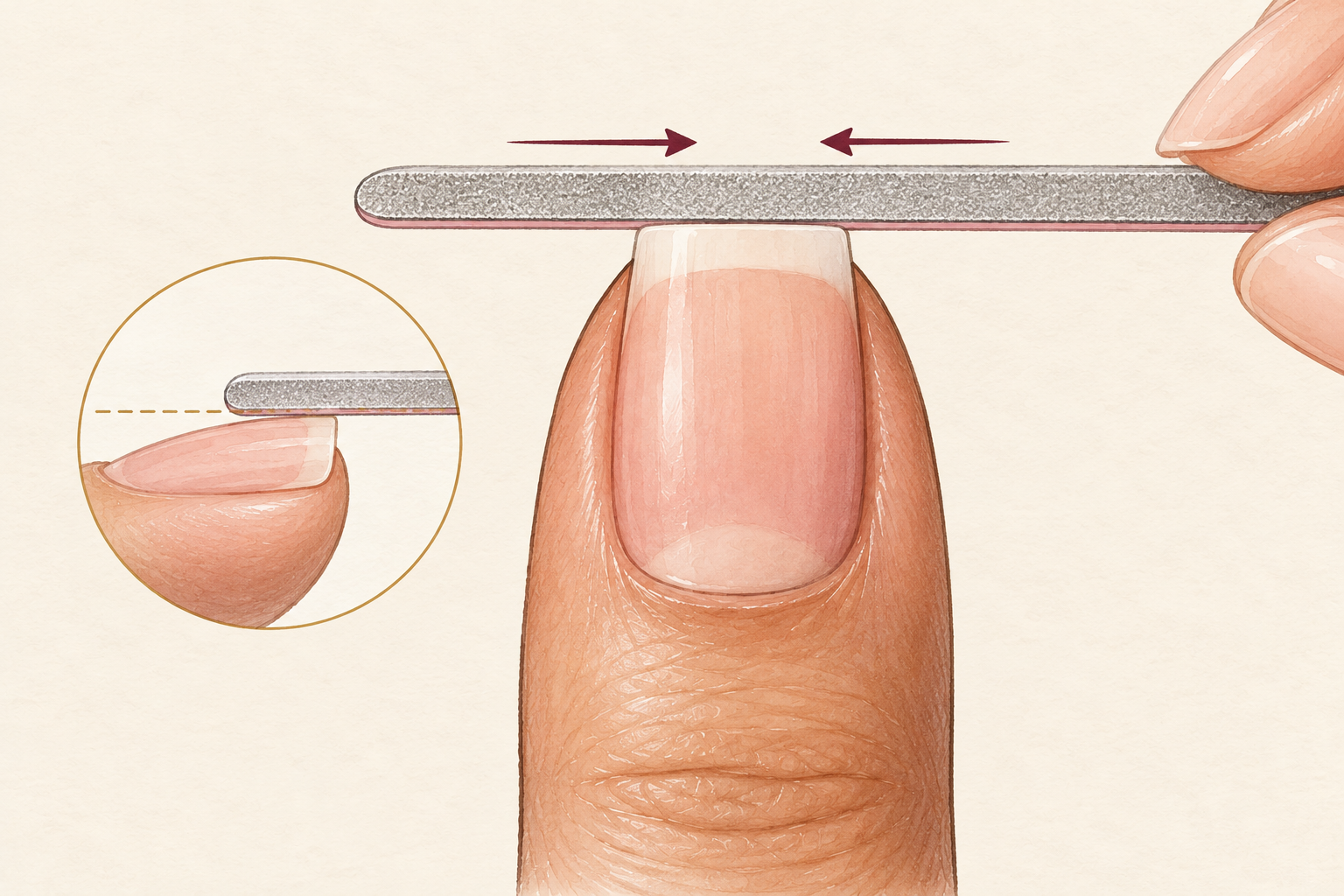 A fine file held level at a natural nail tip, with one-way strokes from each outer edge toward the center.