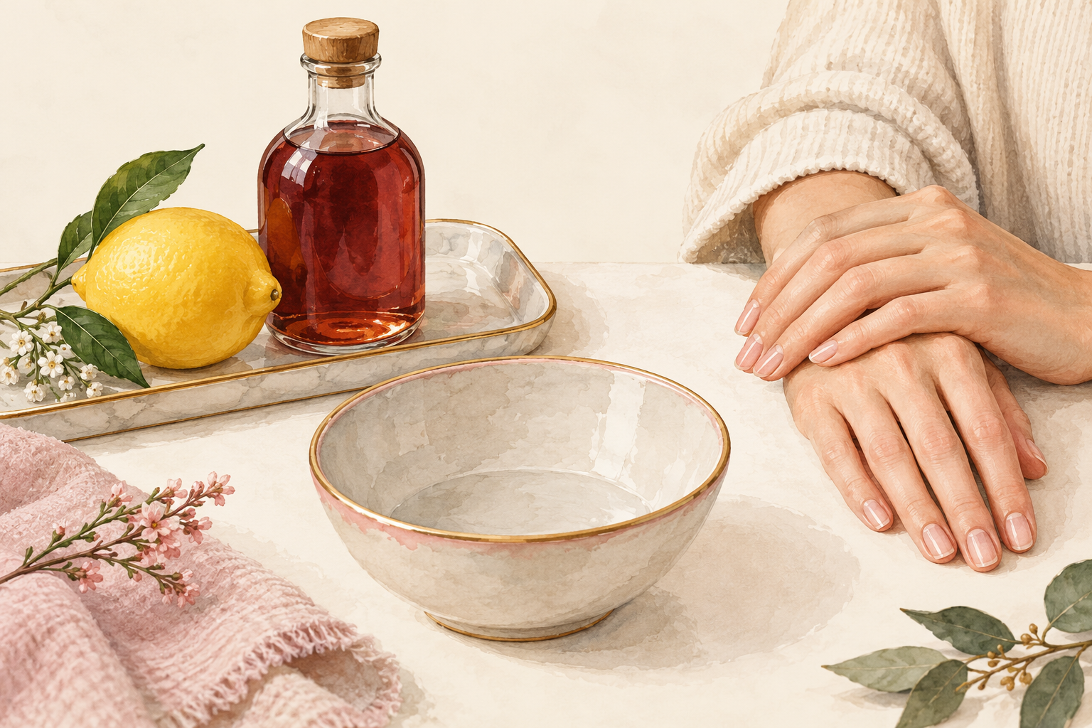 A whole lemon and closed vinegar bottle sit untouched beside an empty soak bowl and relaxed natural-nailed hand.