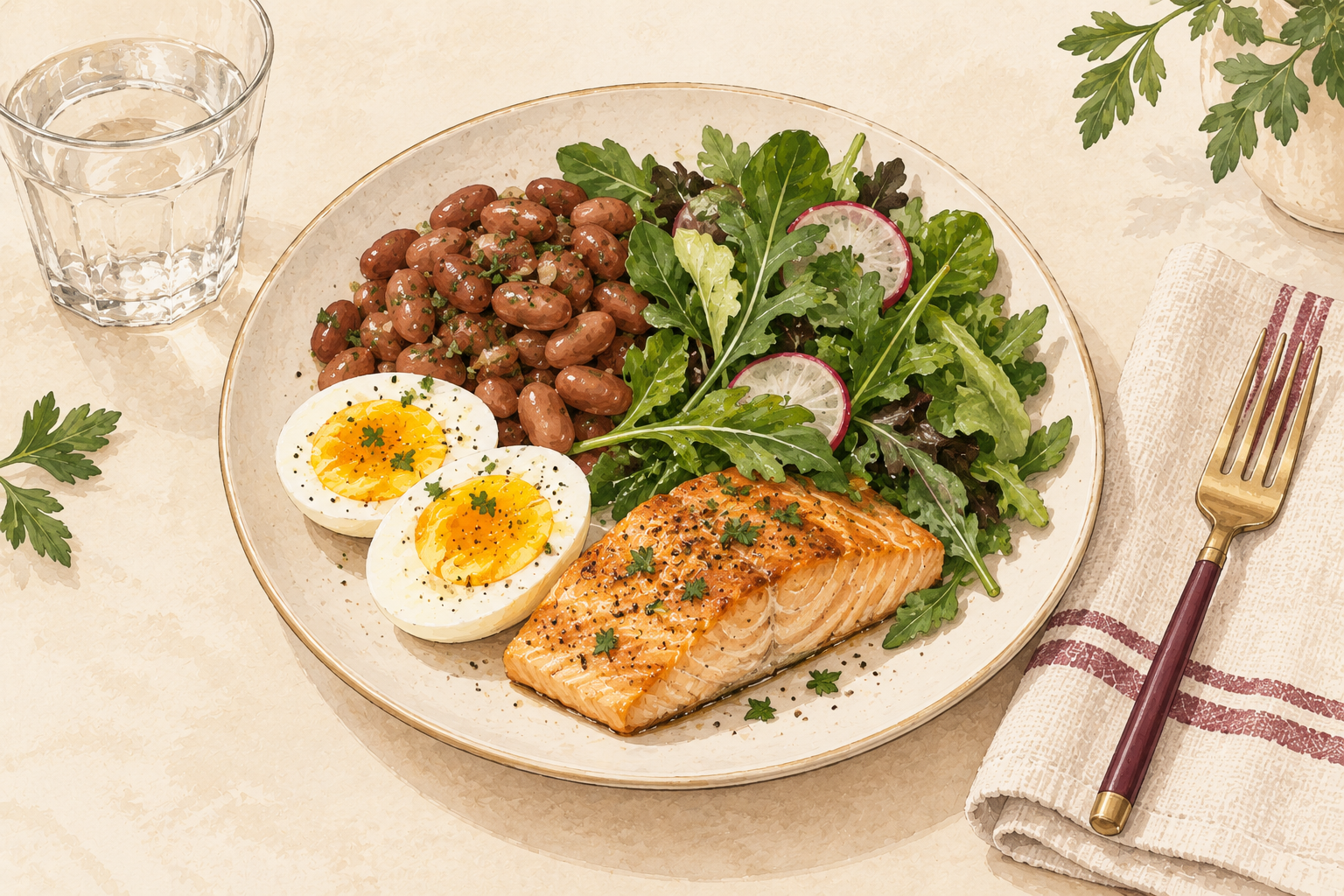 A balanced plate holds boiled eggs, beans, leafy greens, and a piece of cooked fish.
