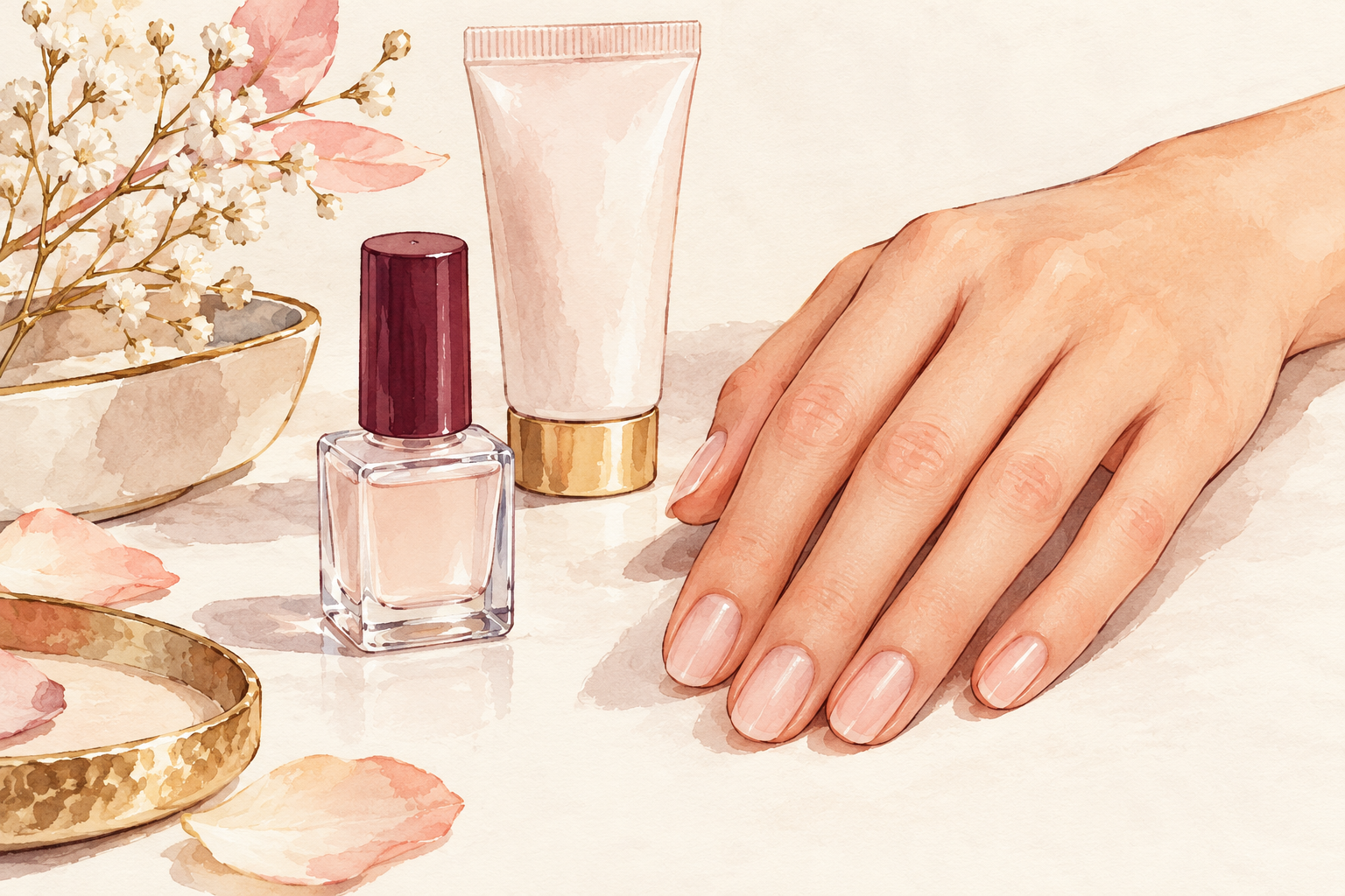 A closed unbranded bottle sits beside moisturizer and a bare hand.