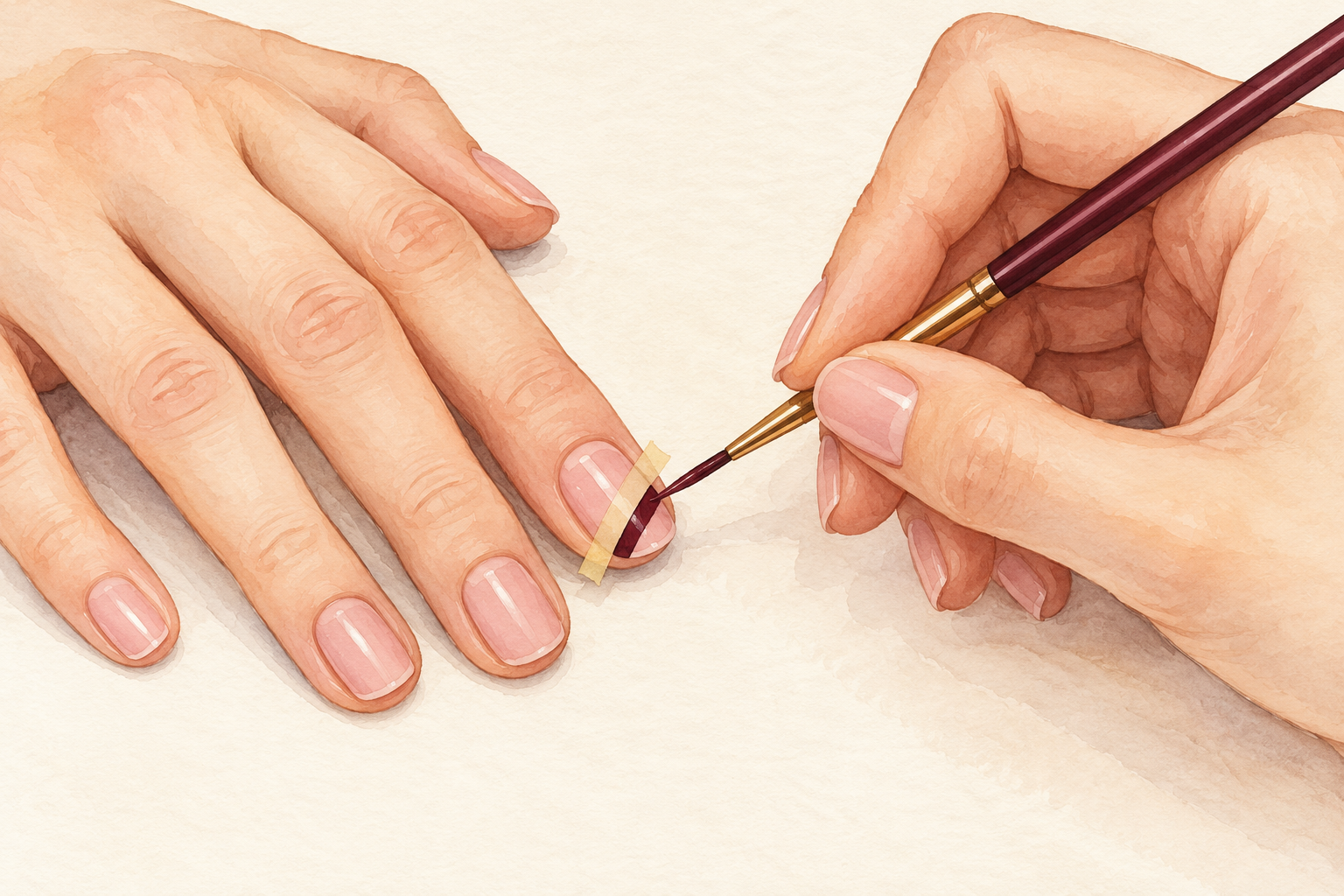 A strip of low-tack tape guides a straight color stripe across a natural nail.