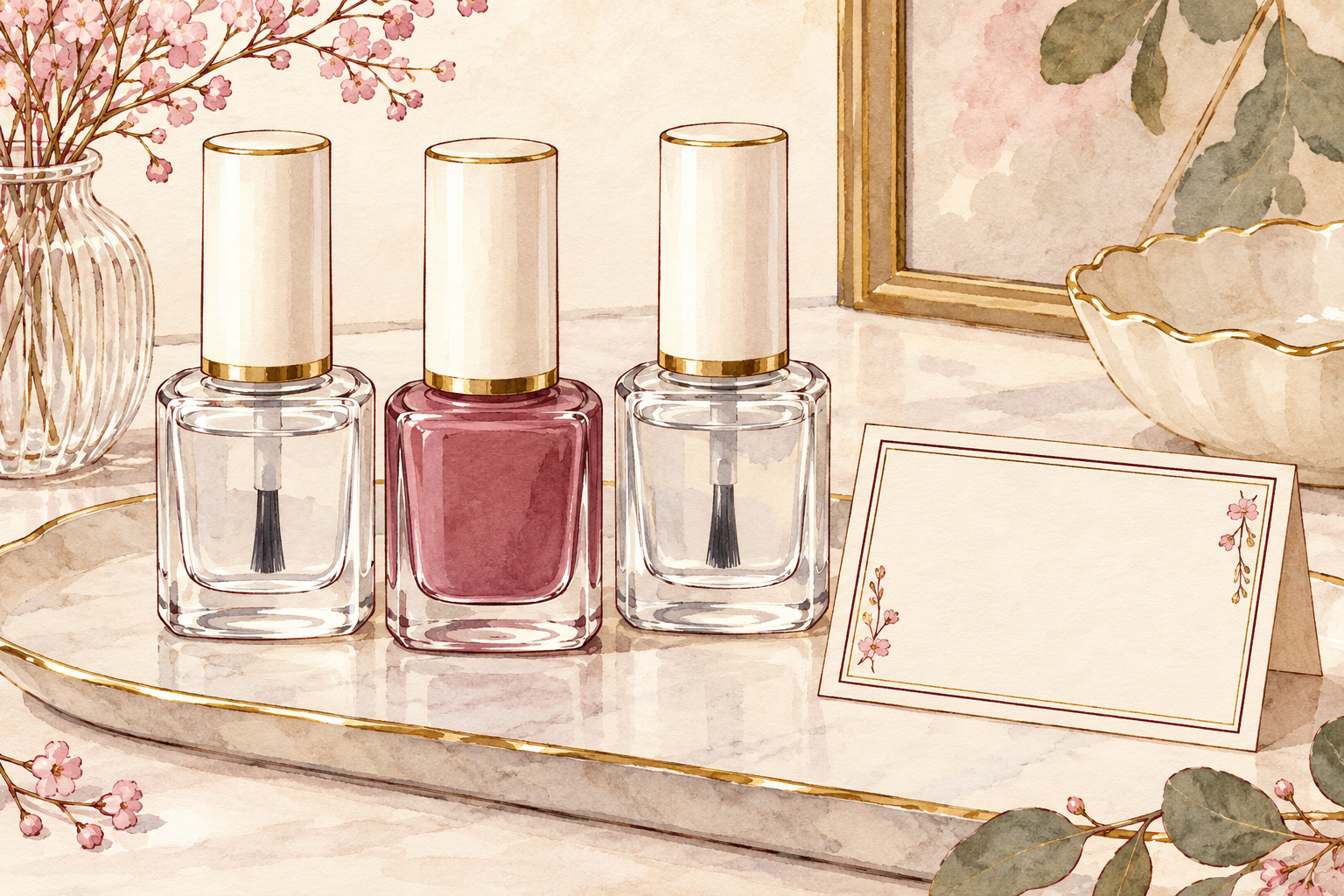 Three coordinated unbranded gel bottles for base, color, and top coat sit beside a blank note card.