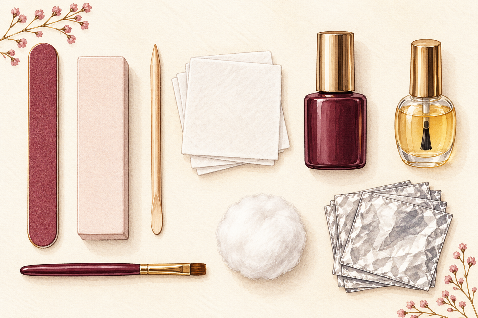 Gel manicure tools are arranged neatly, including a fine file, buffer, wooden pusher, lint-free wipes, plain bottle, cleanup brush, cuticle oil, cotton, and foil.
