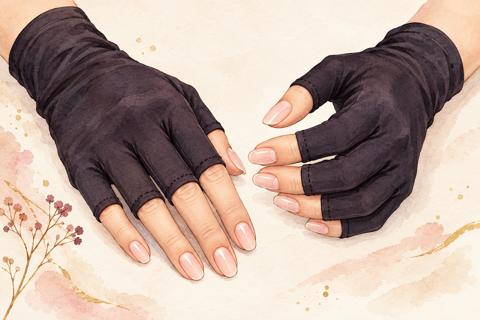 Dark fingerless UV manicure gloves cover the backs of the hands while exposing the nails.