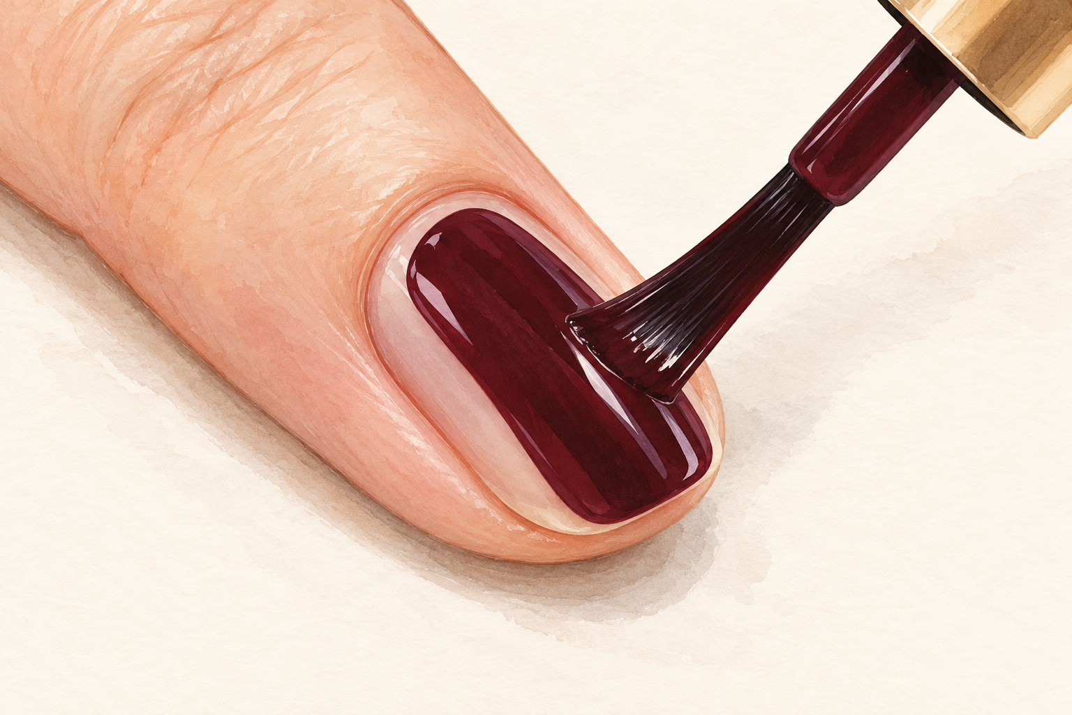 A thin deep-wine gel color coat is brushed over the nail plate, clear of surrounding skin.