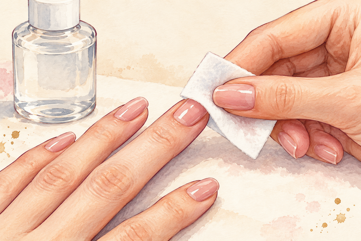 A lint-free pad wipes a polished nail beside an unbranded bottle.