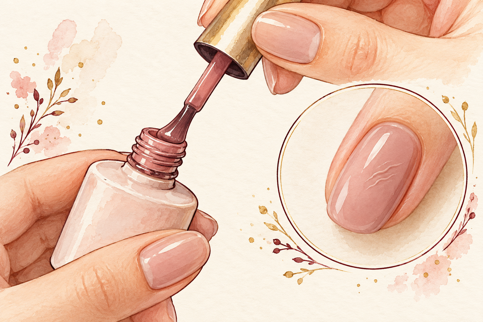 A gel brush is wiped at the bottle neck, with a small inset showing a subtle wrinkle on intact gel polish.