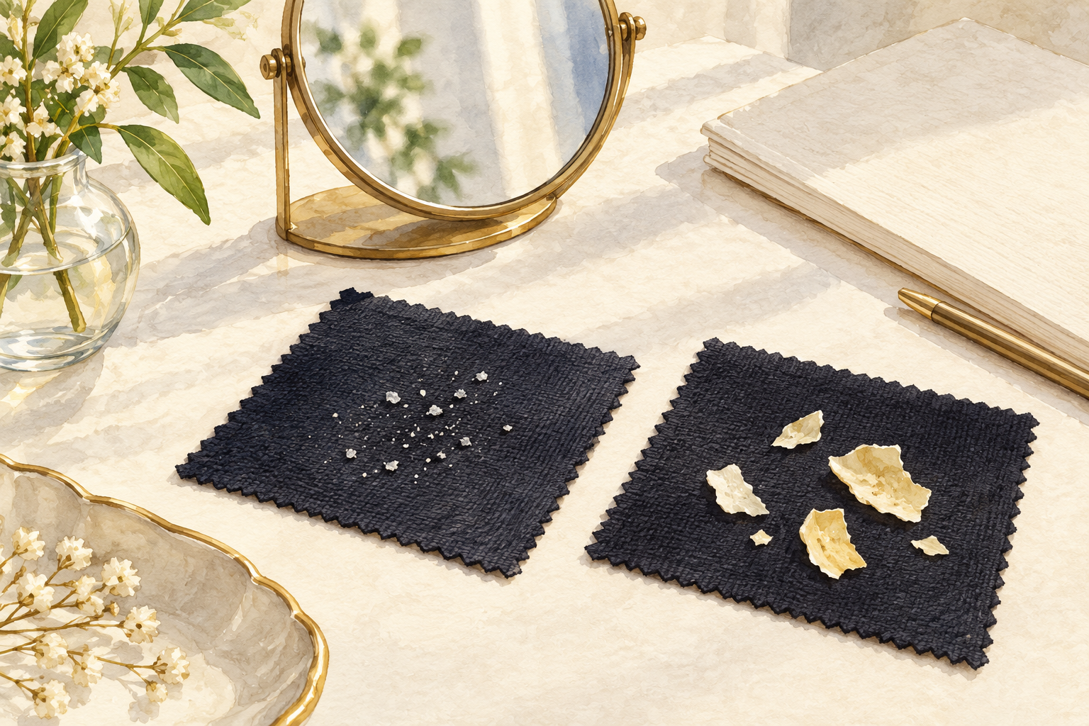A daylight comparison shows fine white flecks and larger pale yellow flecks on separate dark fabric swatches.