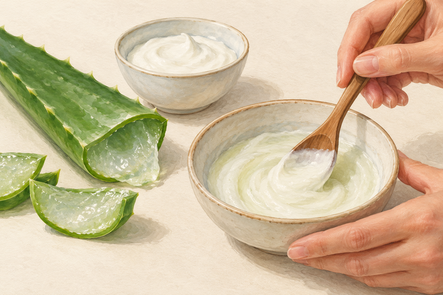 A spoon stirs a pale creamy mixture in a bowl beside cut aloe leaves and a bowl of white yogurt.
