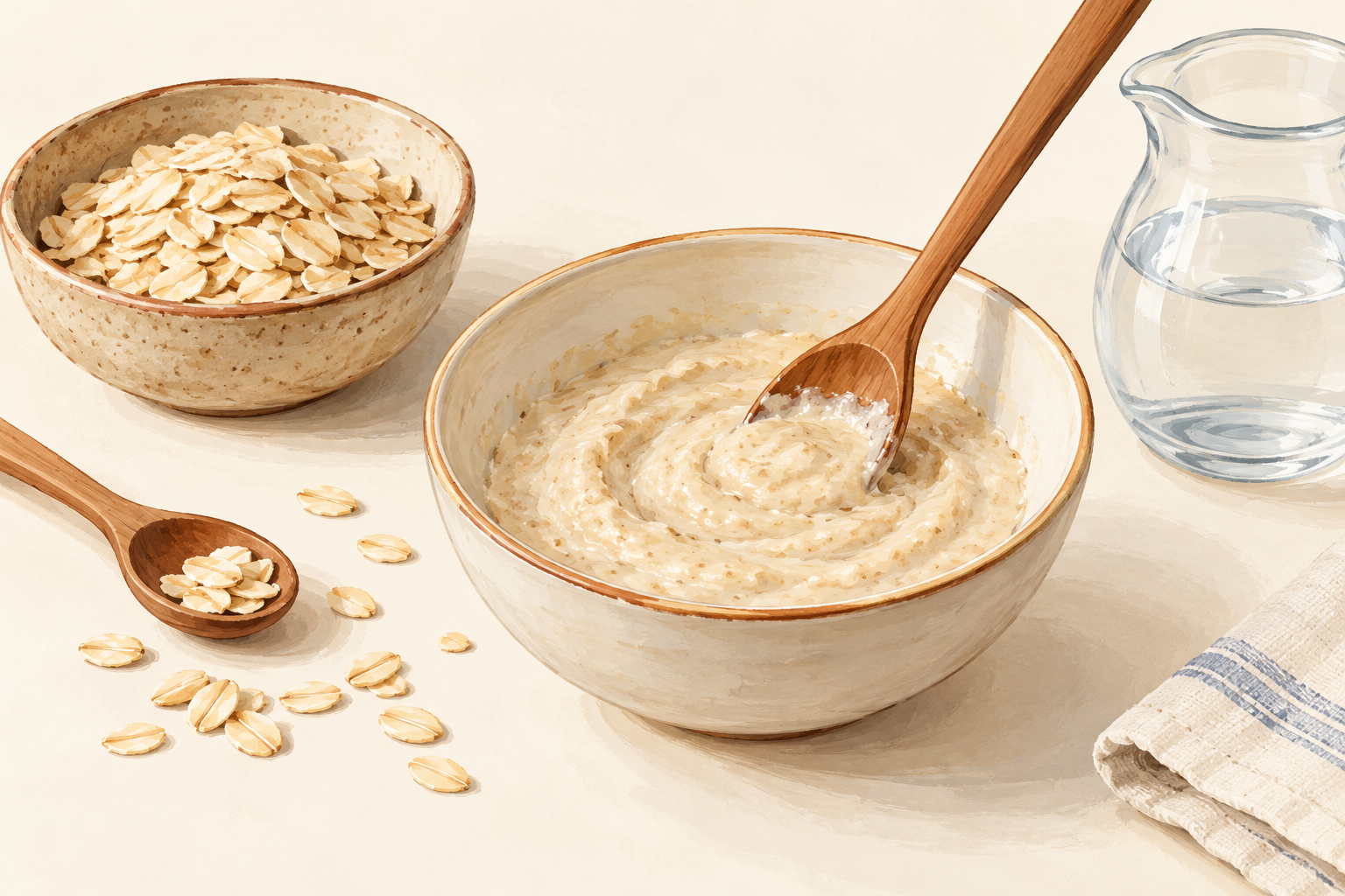 A spoon rests in a pale oat paste beside whole oats and a jug of water.