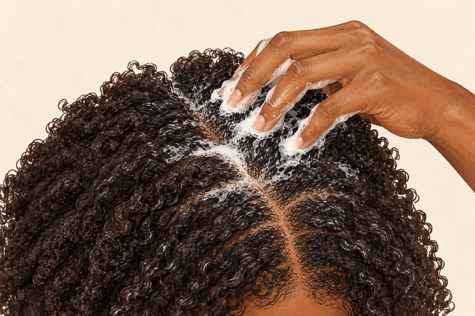 Fingertips massage shampoo foam into a parted scalp while the hair lengths are left alone.