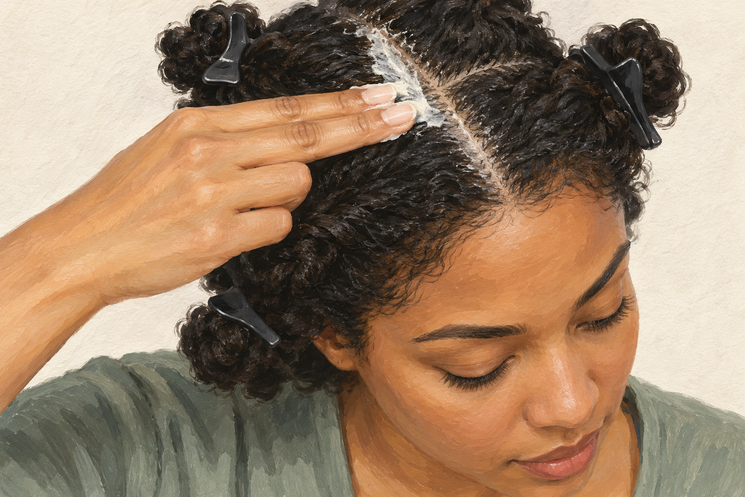 Finger pads smooth a pale mask along a neat scalp part between clipped hair sections.