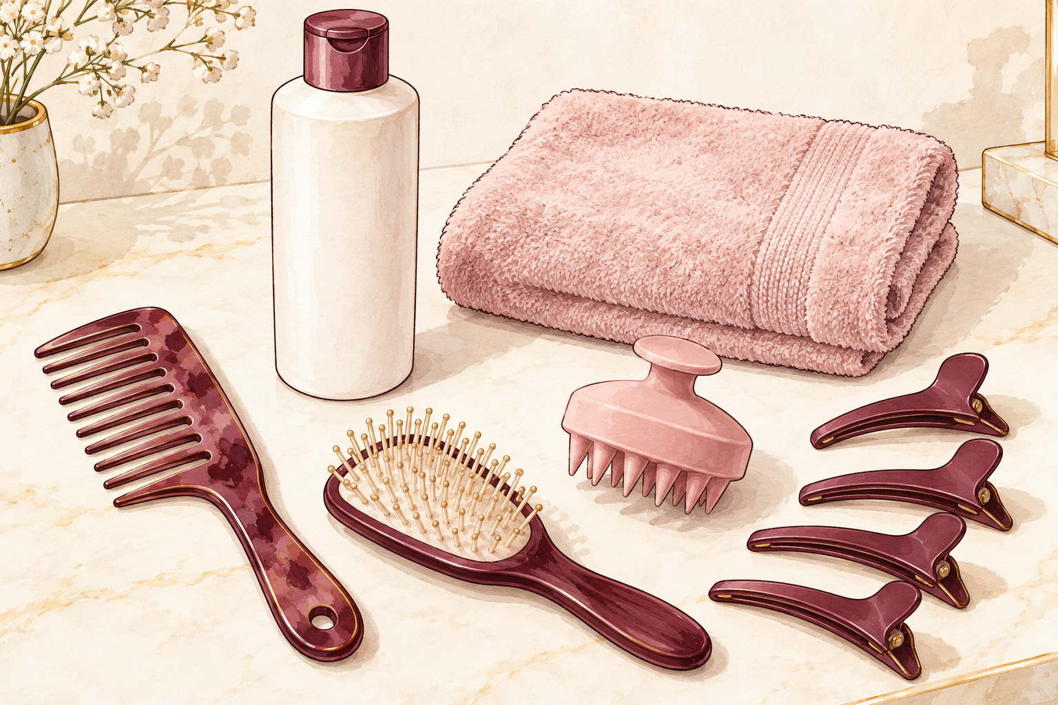 A wide-tooth comb, rounded-tip hairbrush, silicone scalp brush, four clips, folded towel and plain bottle are arranged on a counter.