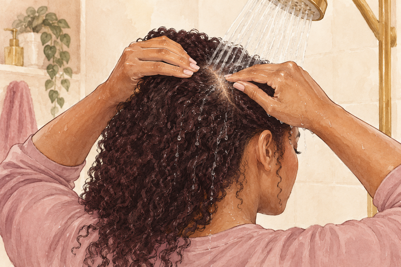 A gentle shower stream reaches a parted scalp while fingertips hold textured hair aside.