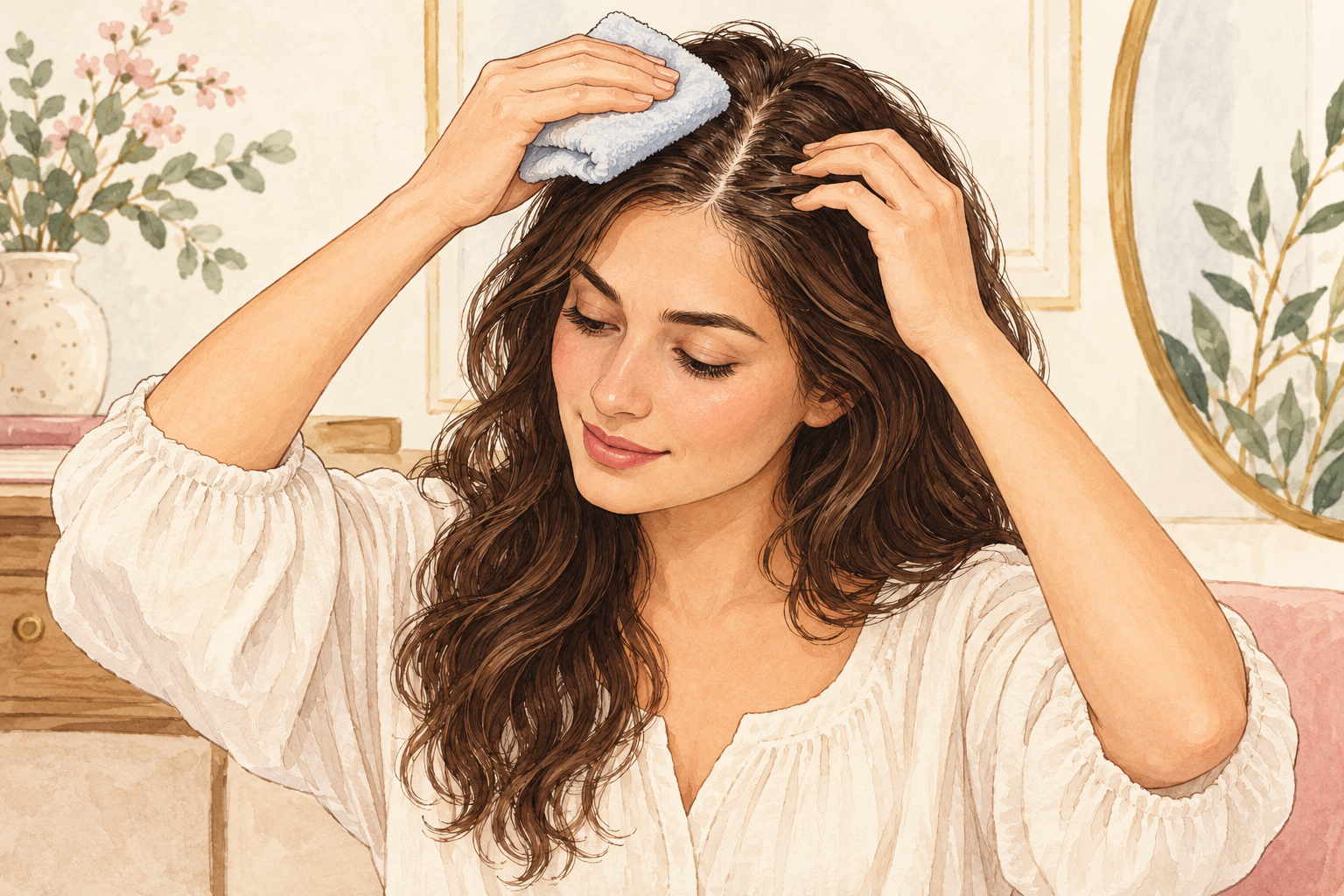One hand holds hair aside while the other presses a cool damp cloth gently against a small scalp part.