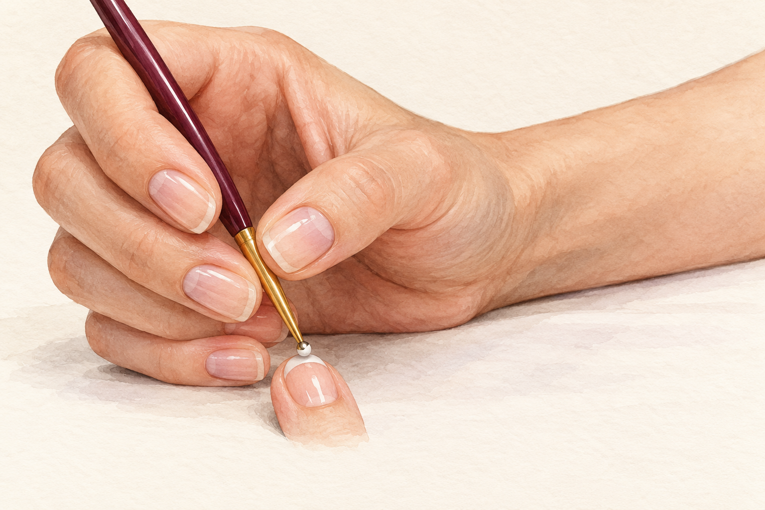 A dotting tool holds a small white polish bead as the hand rests on the table.