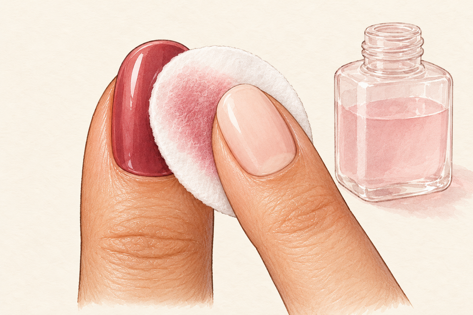 A remover-damp cotton pad is pressed gently onto old polish on a natural fingernail beside an unbranded remover bottle.