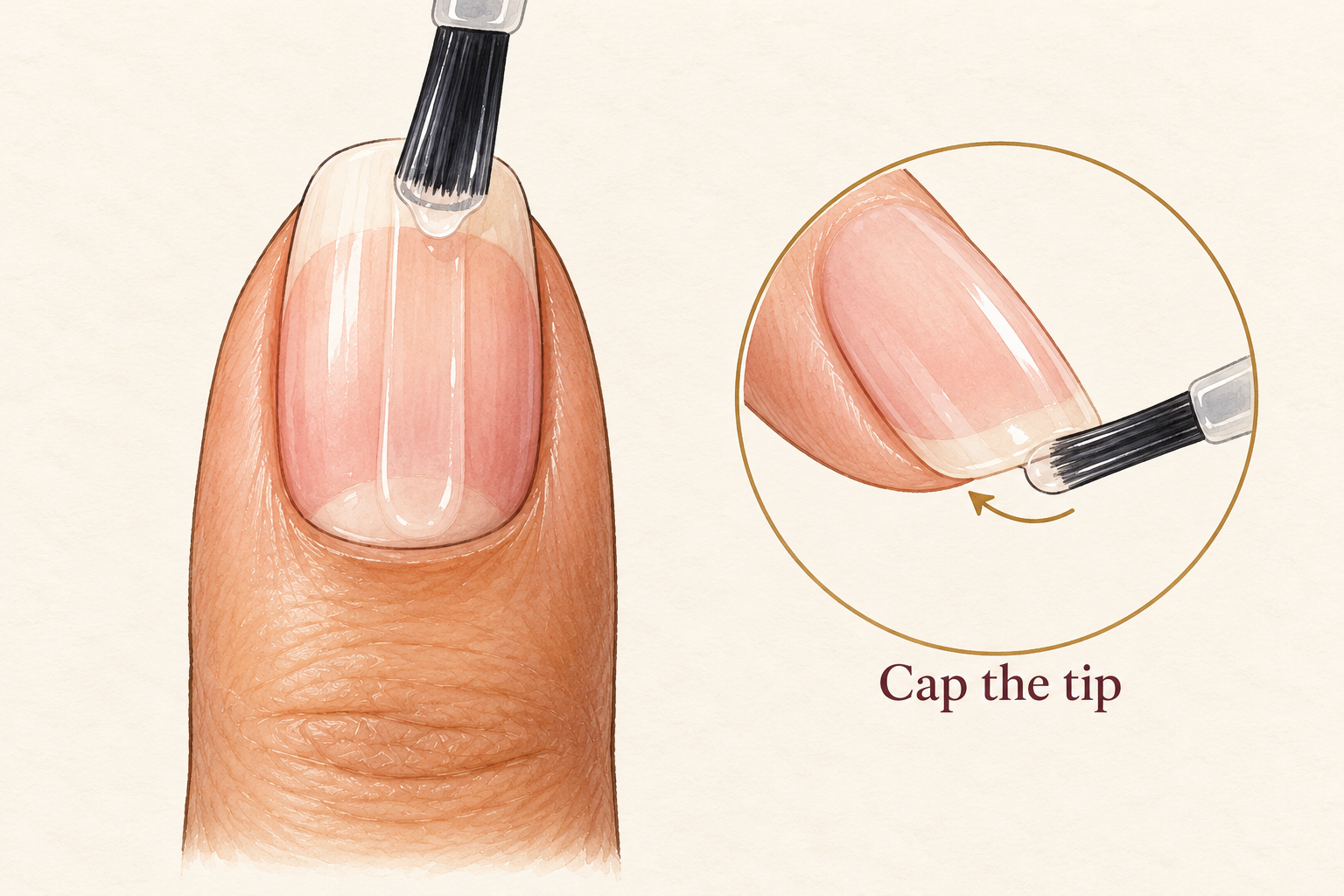A thin clear base coat is brushed over a natural nail, with a small inset showing its free edge capped.