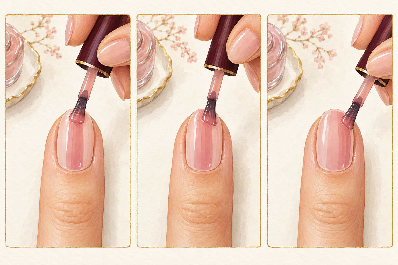 Three close-up panels show center, left, and right polish strokes laid from nail base toward free tip.