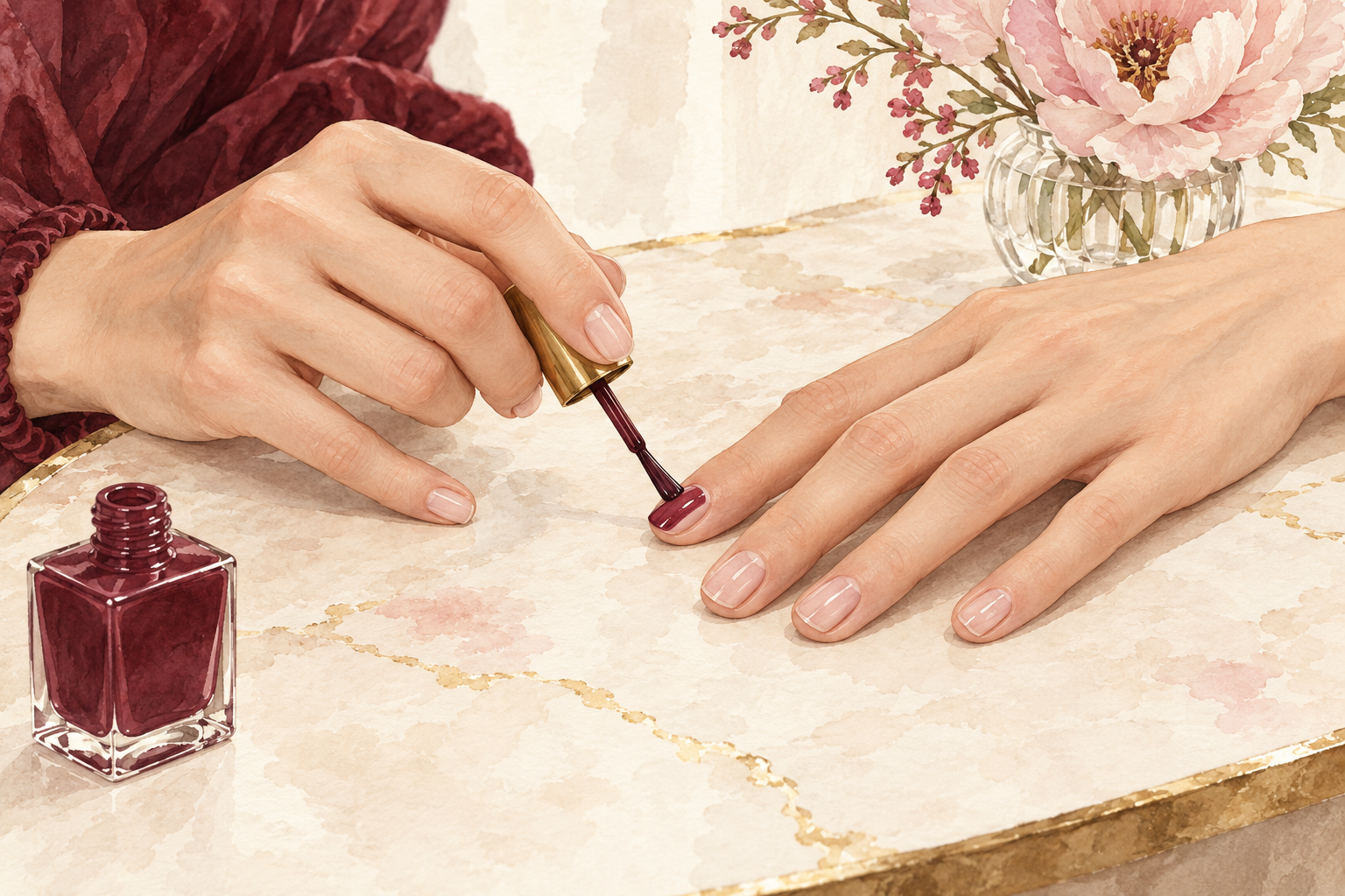 A steady brush paints a short natural nail on the opposite hand while the brush holding hand anchors its little finger on the table.