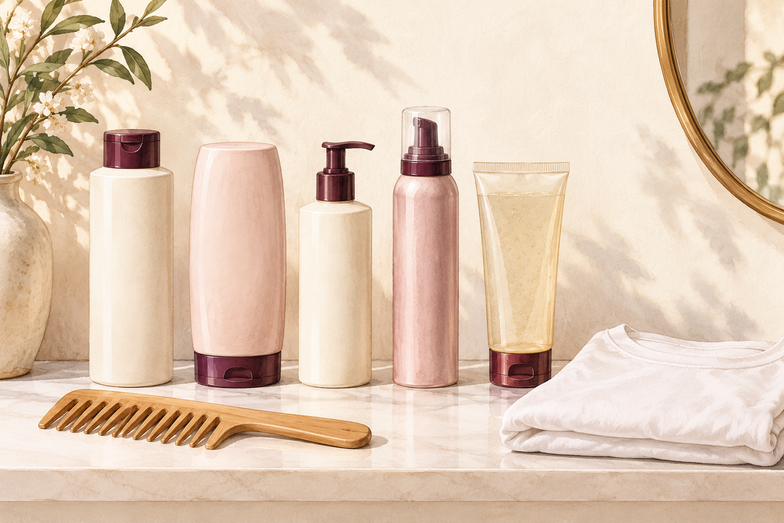 Five unlabelled bottles and tubes sit beside a wide-tooth comb and folded cotton T-shirt.
