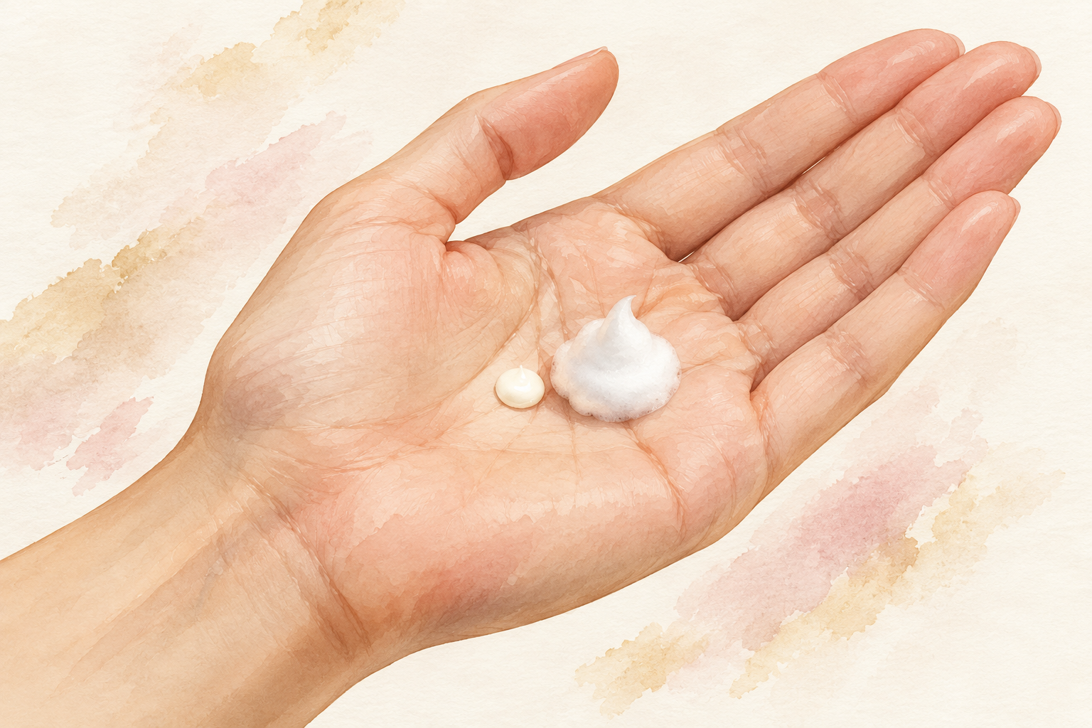 A small cream dab and a puff of mousse rest on one palm.