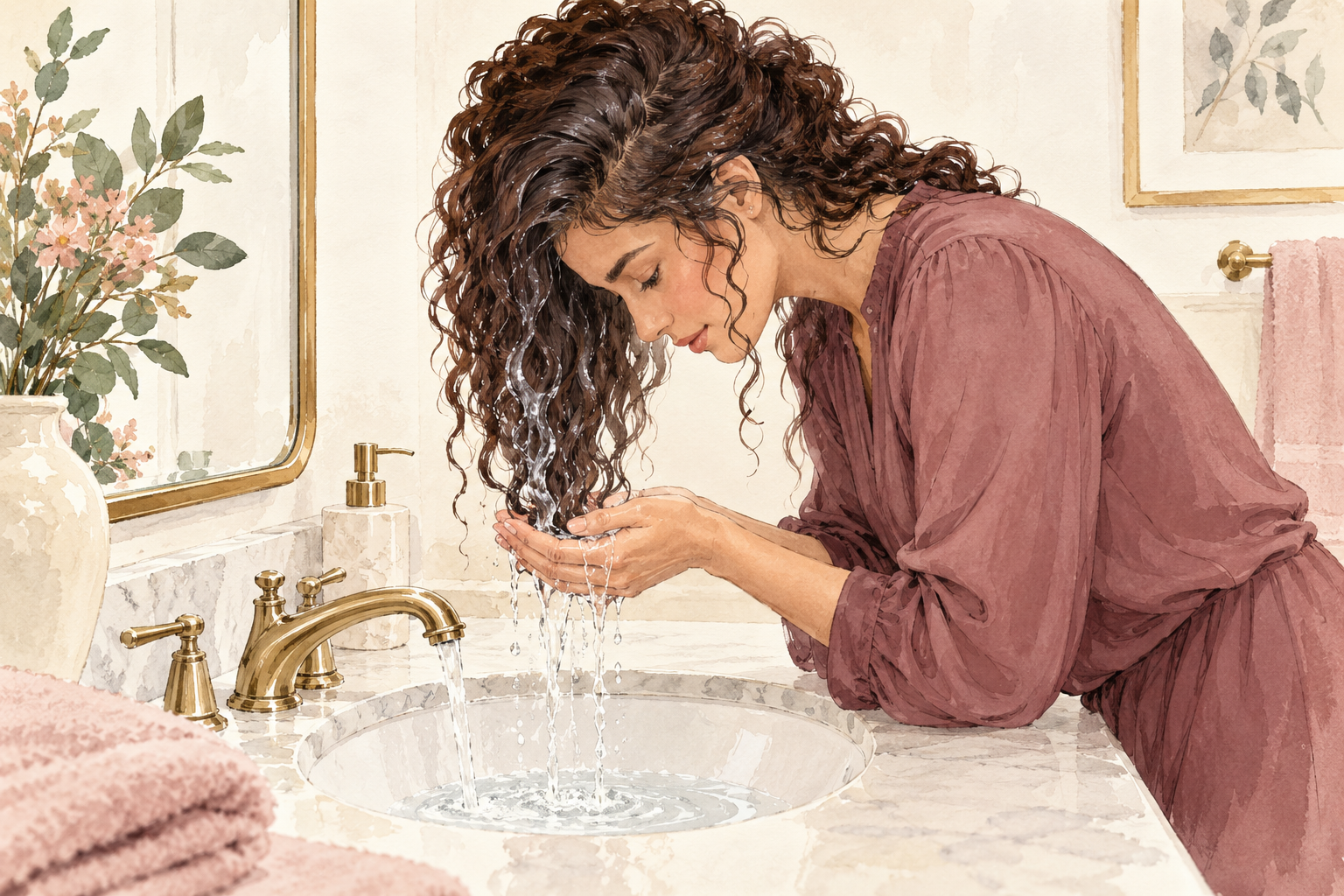 A fully clothed woman leans over a basin and cups water upward into her wet curls.