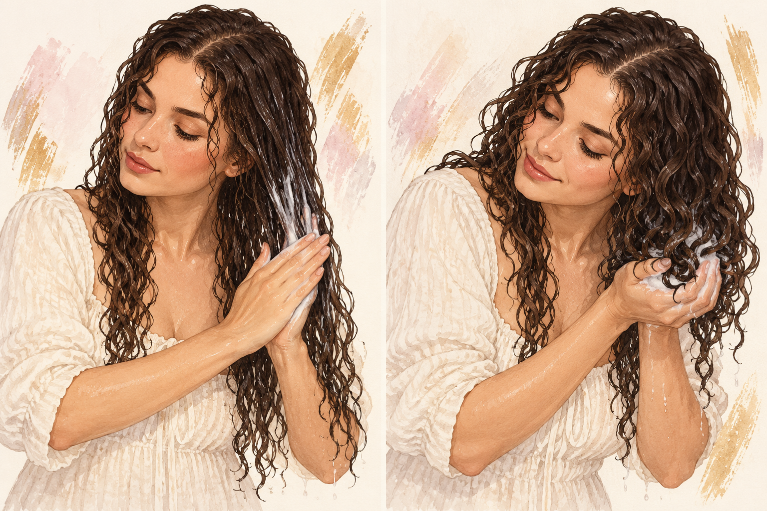 A two-panel illustration shows cream smoothed over loose curls, then mousse scrunched into dripping curls.