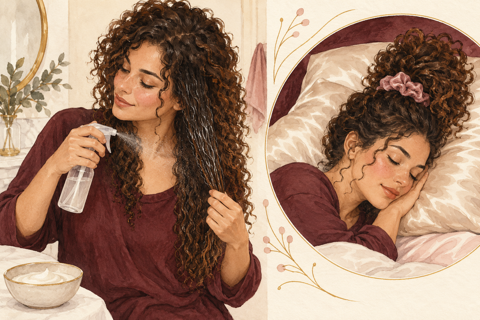 A two-panel illustration shows a woman misting one curl section and wearing a loose high pineapple at bedtime.