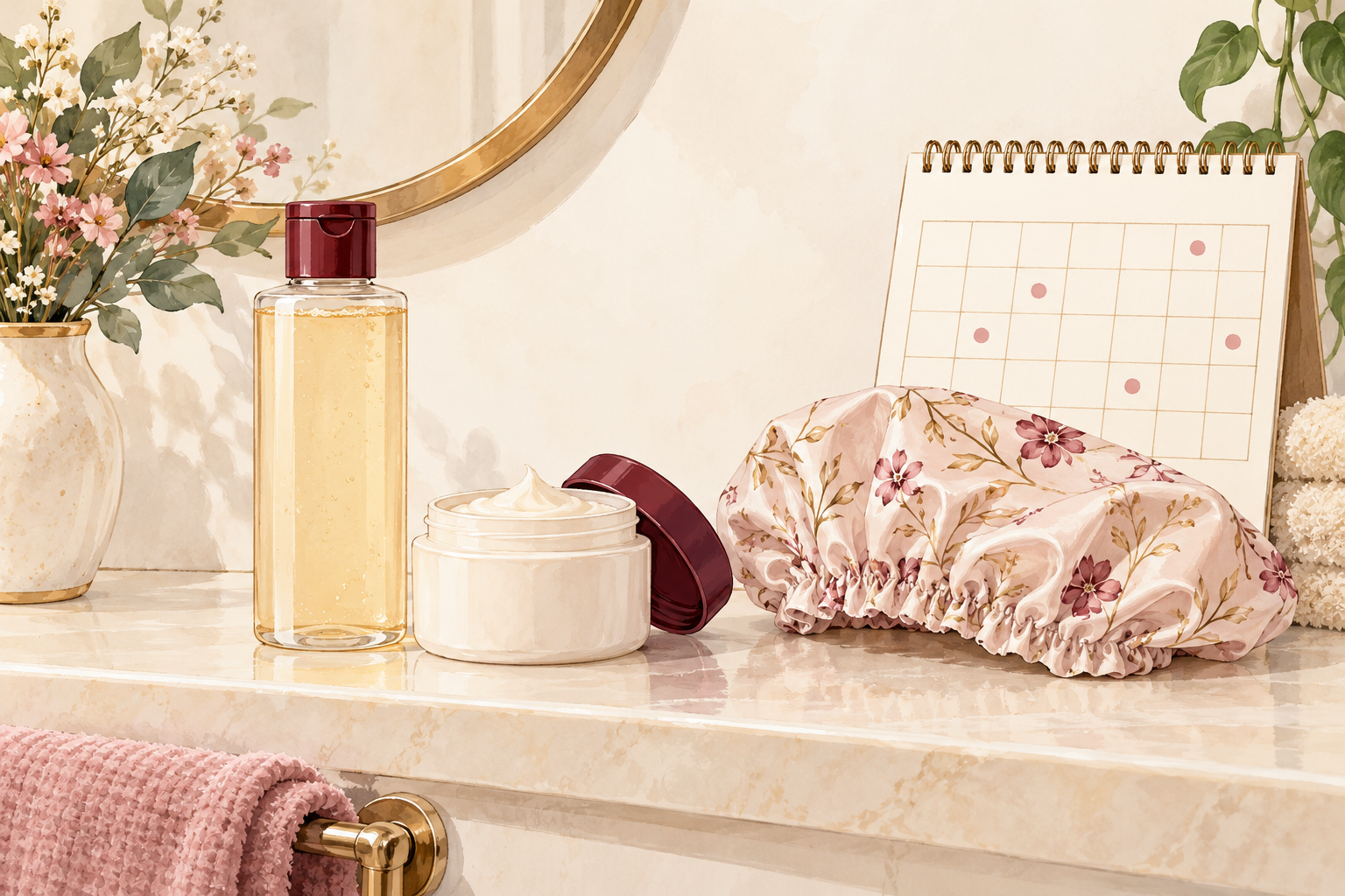 Unlabelled hair products, a shower cap and a blank marked calendar sit on a bathroom shelf.