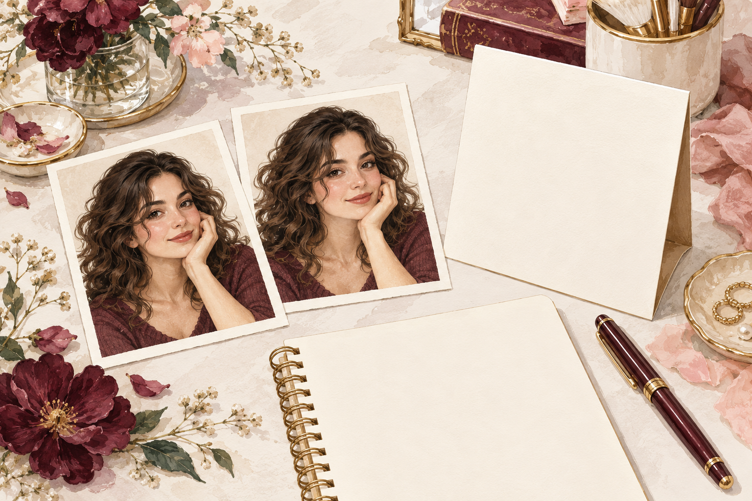 Two similar portraits of loose curls sit beside a blank card, notebook and pen.