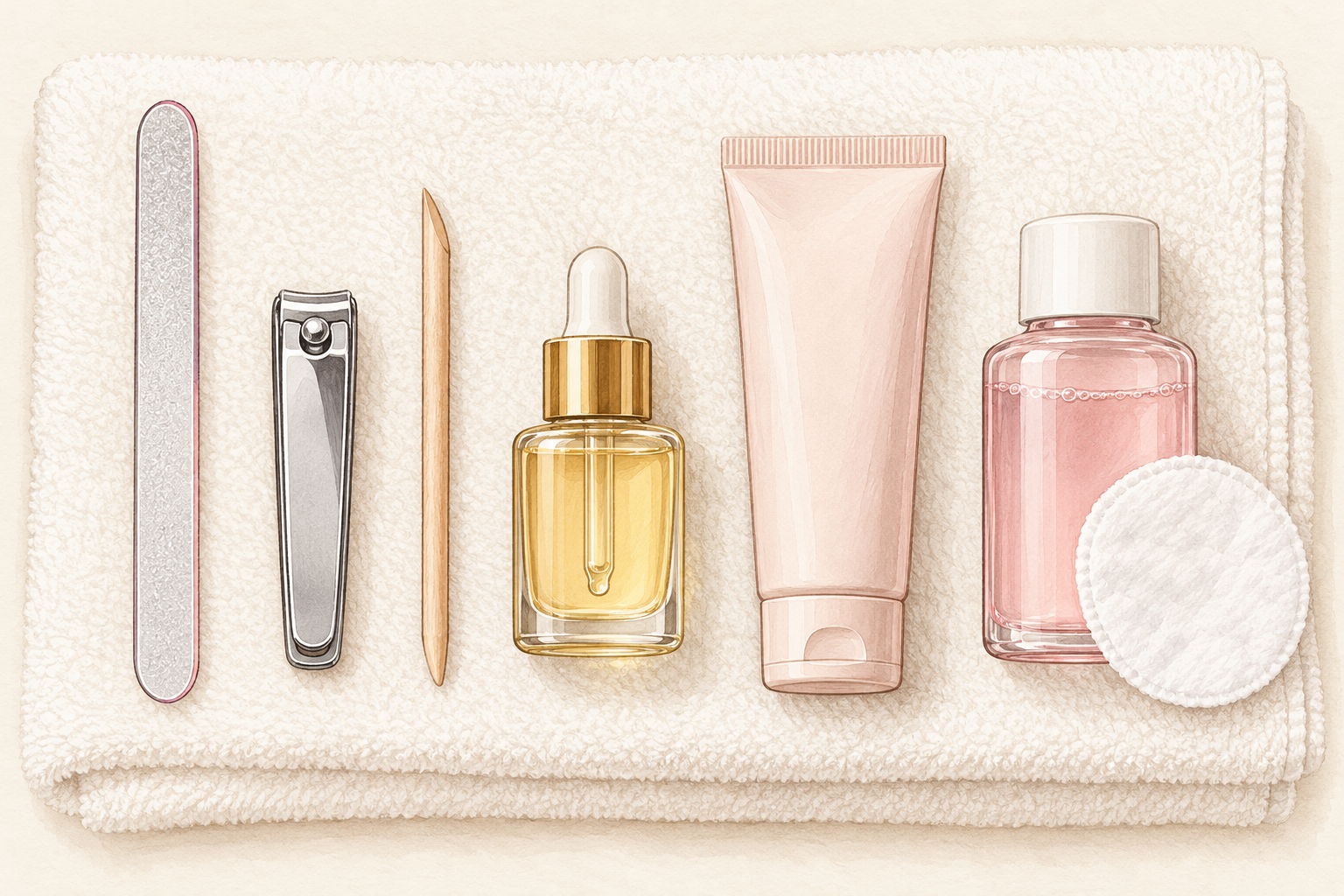 A fine glass file, nail clippers, wooden orange stick, two unlabelled bottles and hand cream are arranged on a towel.