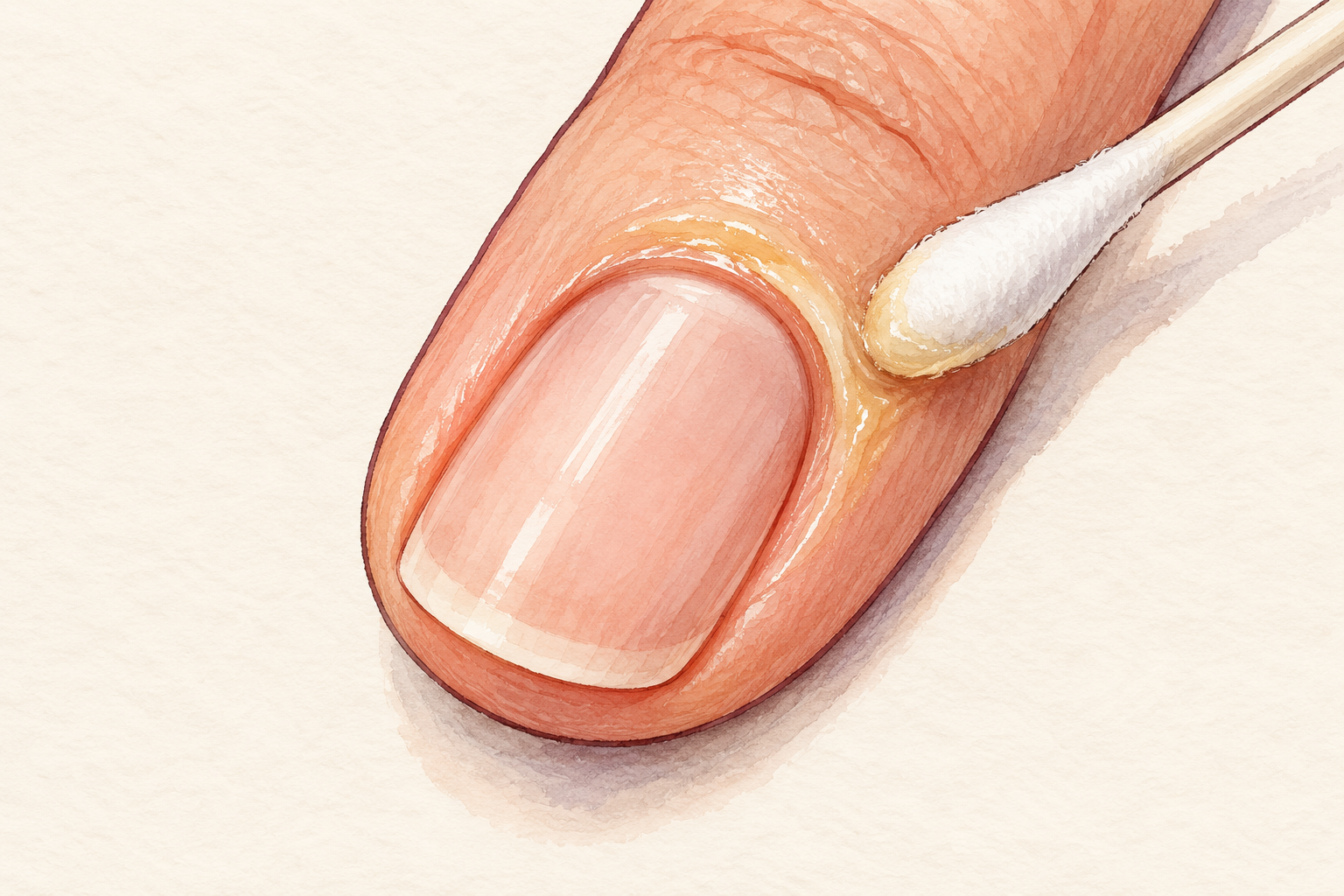 A cotton bud applies balm to skin beside the nail while leaving the nail plate clear.