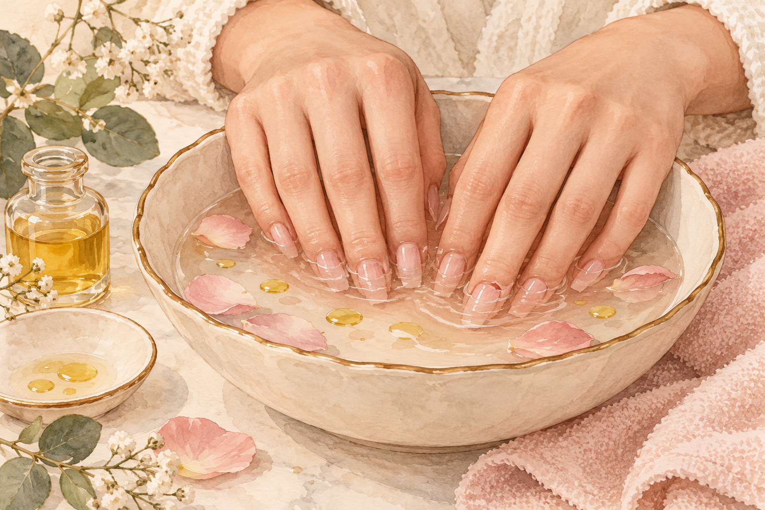 Fingertips soak in a shallow bowl of water with golden oil drops, beside an oil bottle.