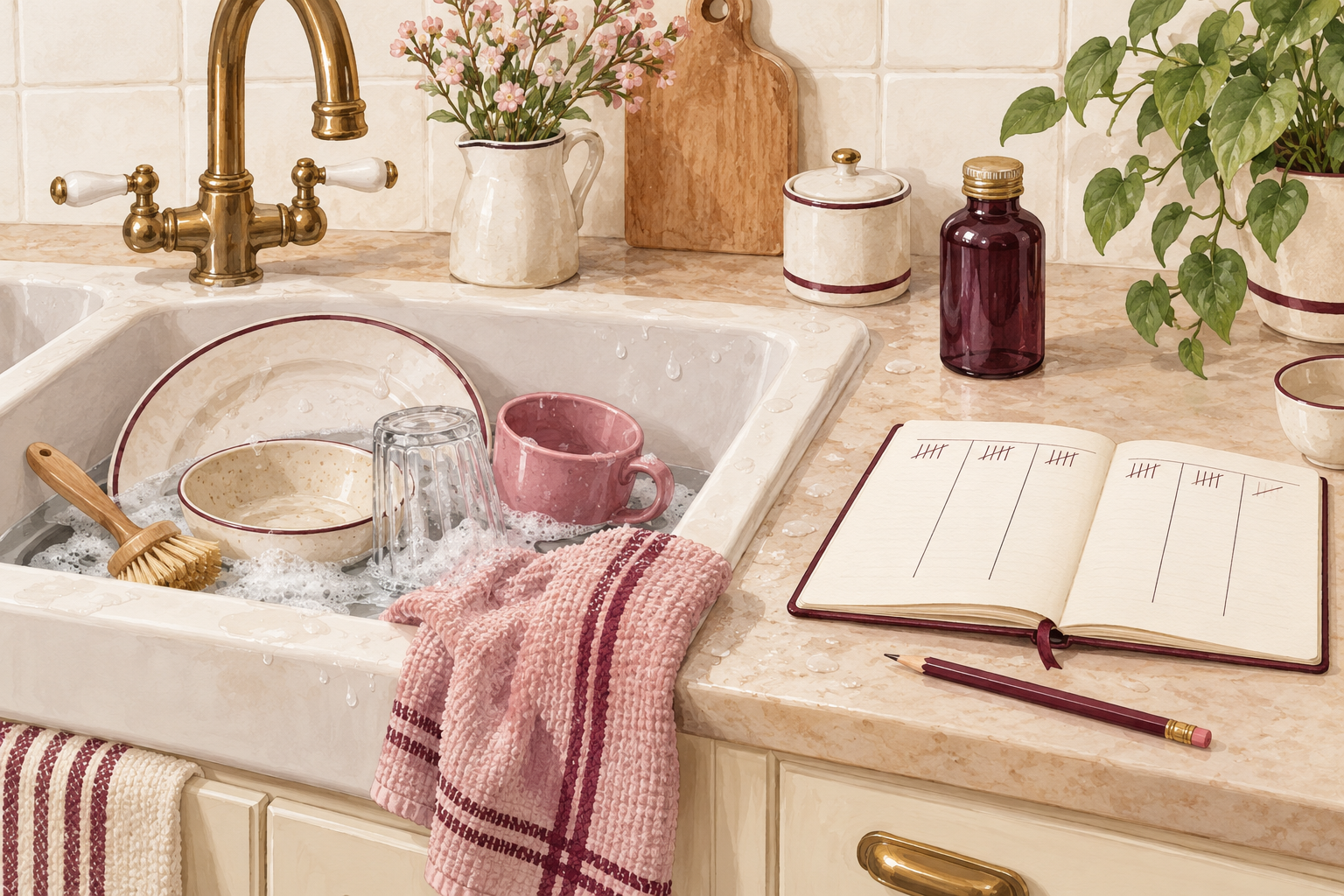 A kitchen sink with dishes and a damp cloth sits beside a blank notebook marked with simple tallies and a closed unbranded bottle.