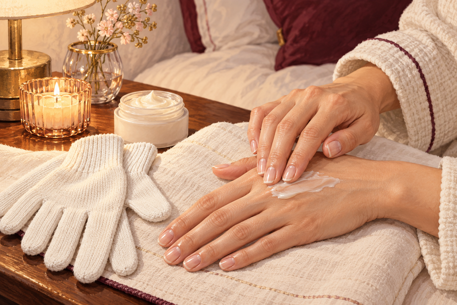 Thick cream is smoothed over hands beside thin cotton gloves and an open unlabelled jar.