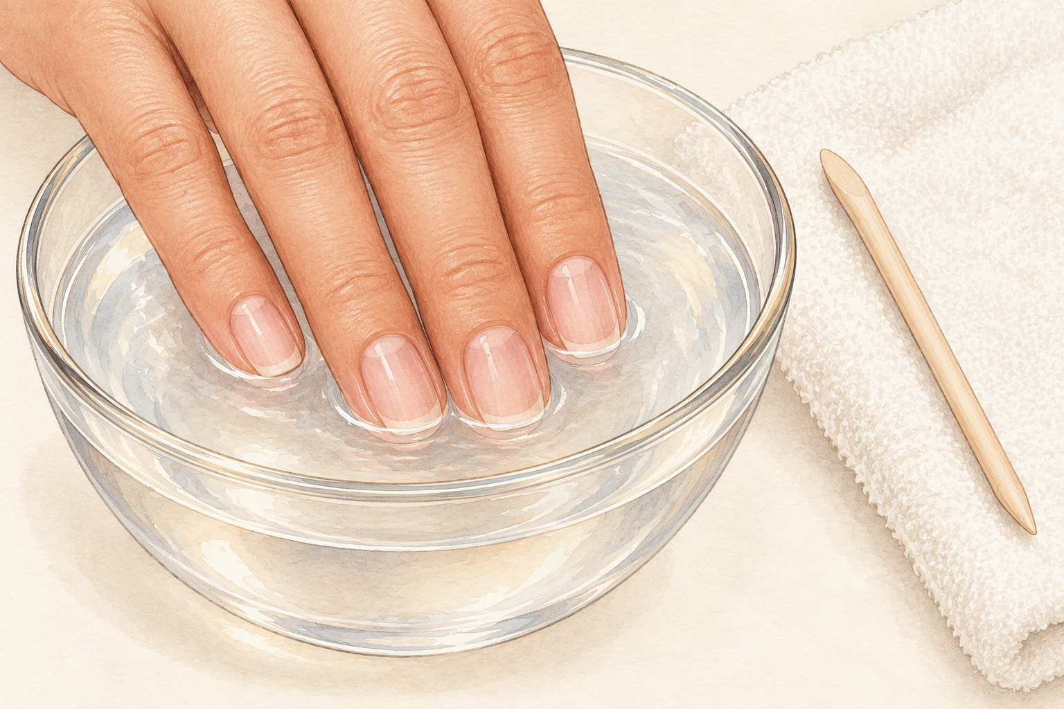 Natural fingertips rest in a shallow bowl of warm water beside an unused blunt orange stick and soft towel.