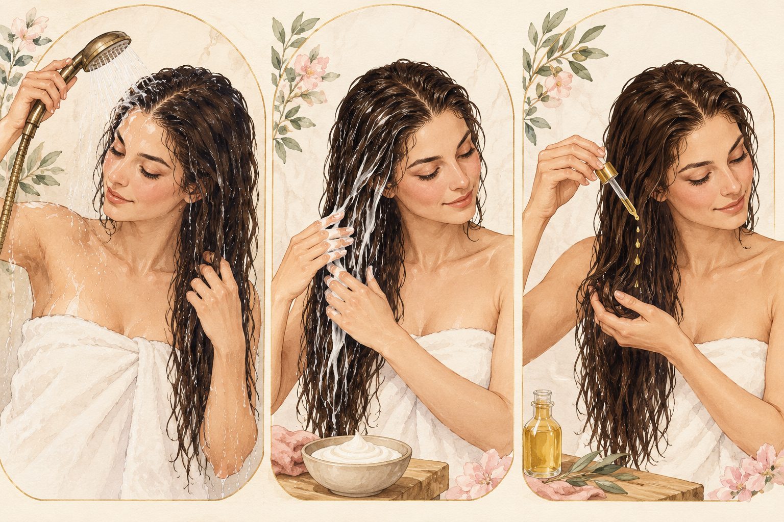 Water, conditioner and a few drops of oil are shown in three ordered panels.