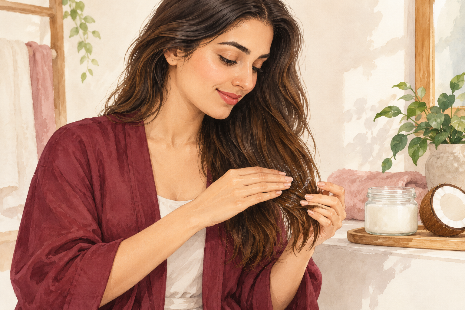 A woman smooths a small amount of product over her long hair lengths beside an open jar and a coconut half.