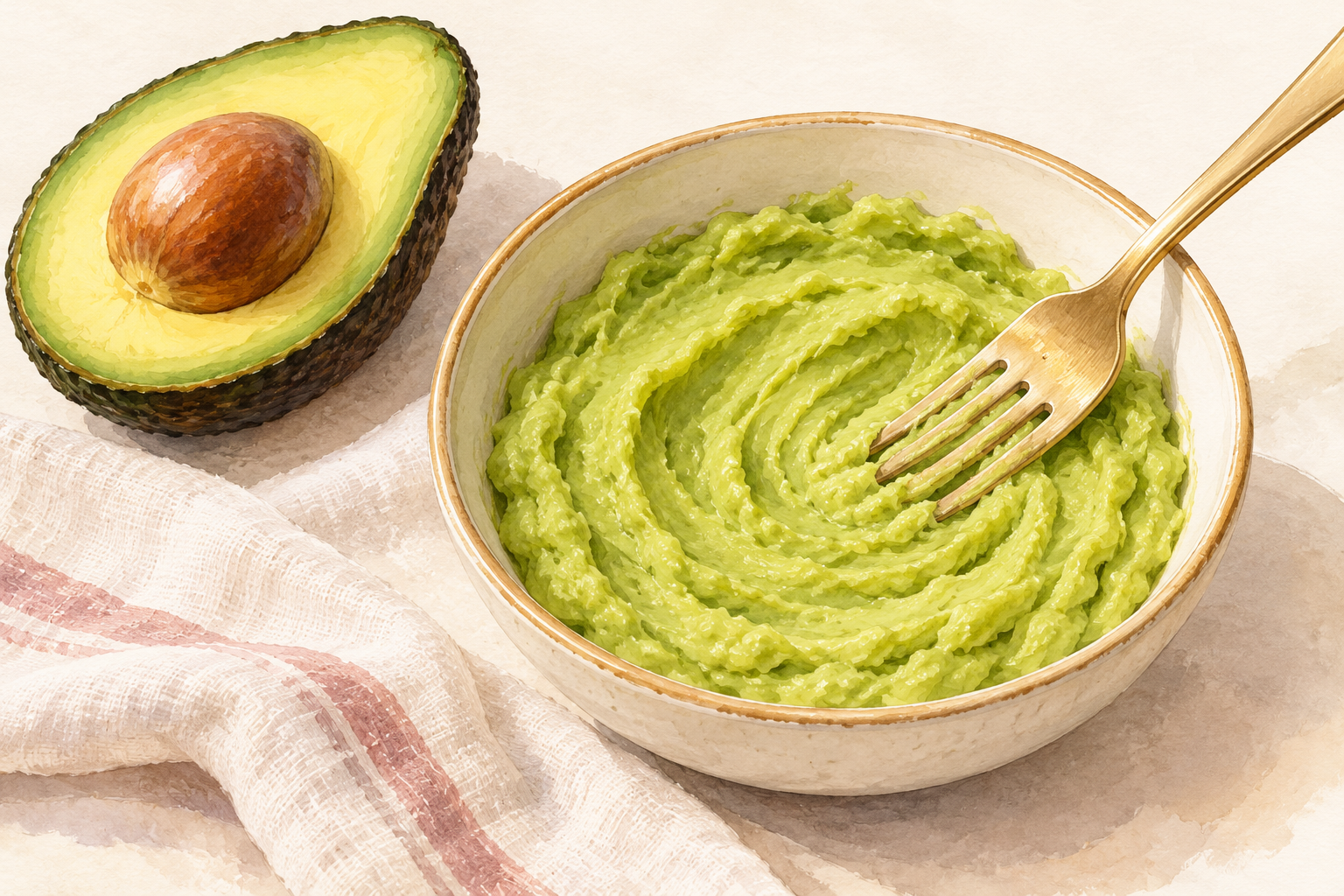 A fork rests in a bowl of smooth green mash beside a halved avocado.