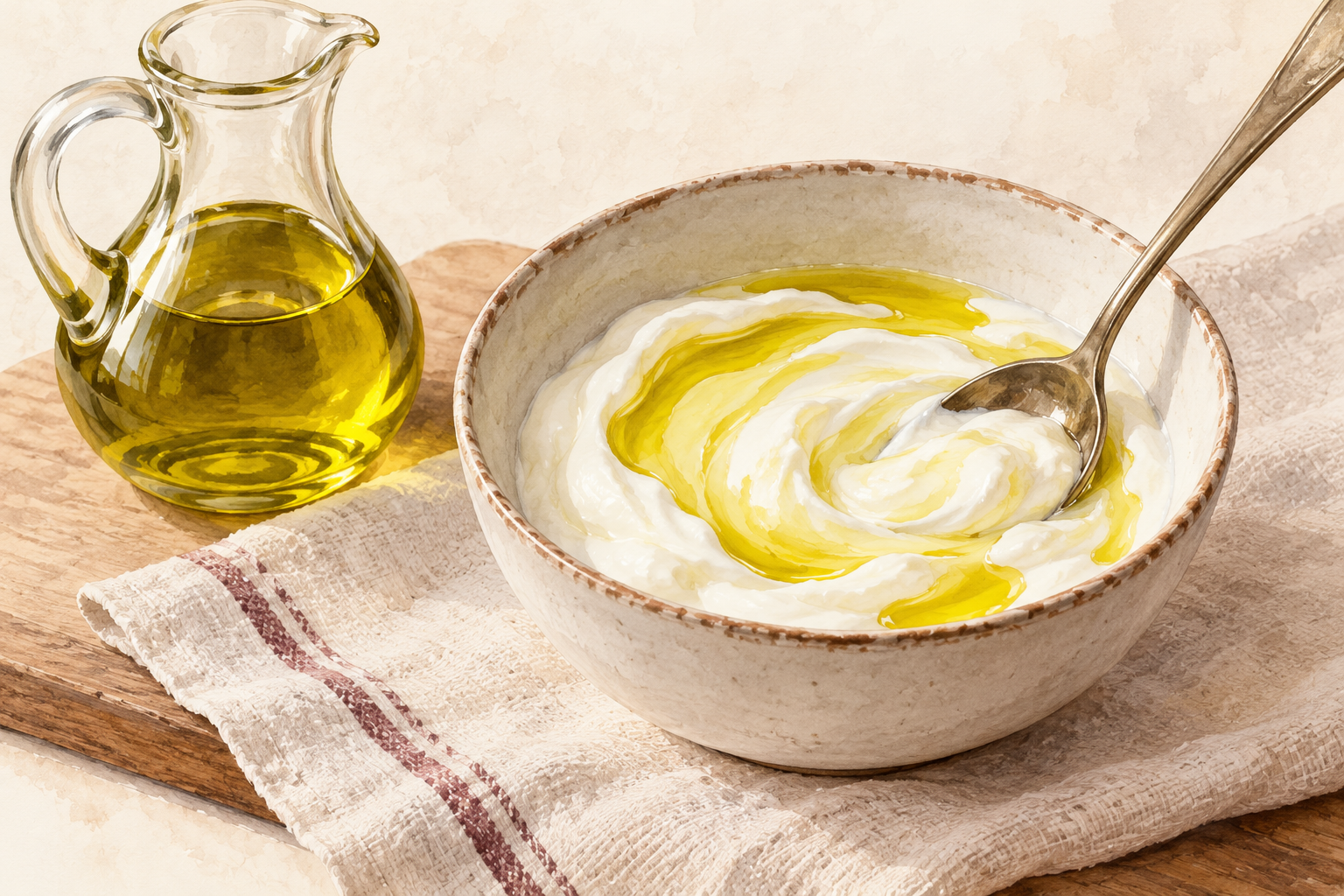 A swirl of oil sits on plain yogurt in a bowl beside a spoon and glass oil jug.