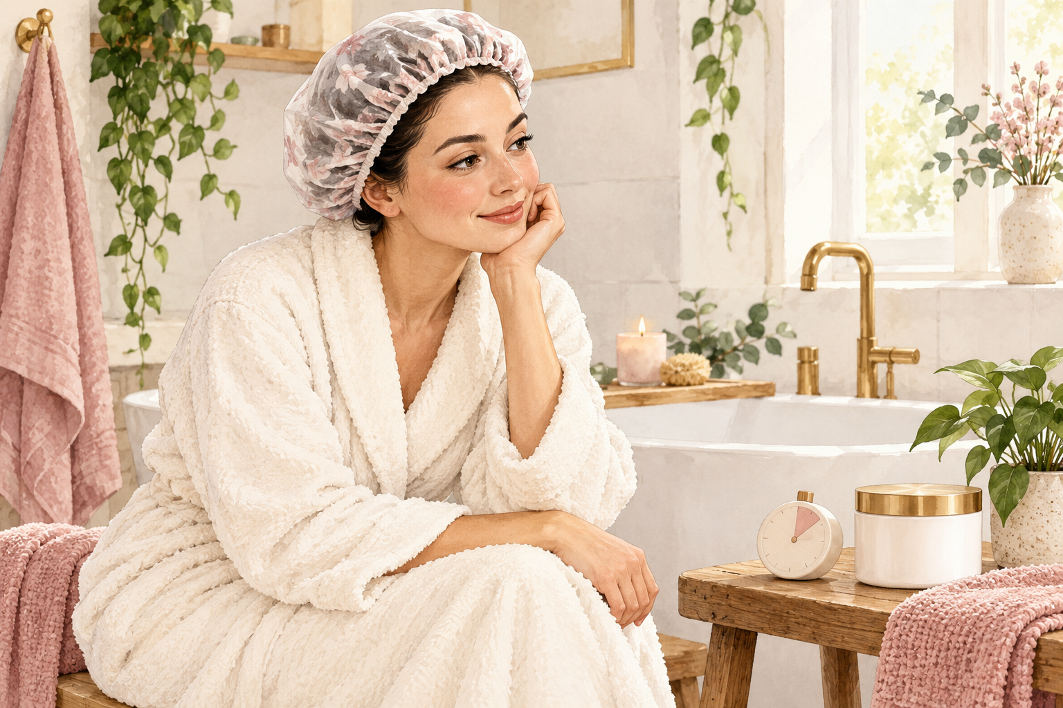 A woman wears a shower cap beside a conditioner jar and a numberless timer.