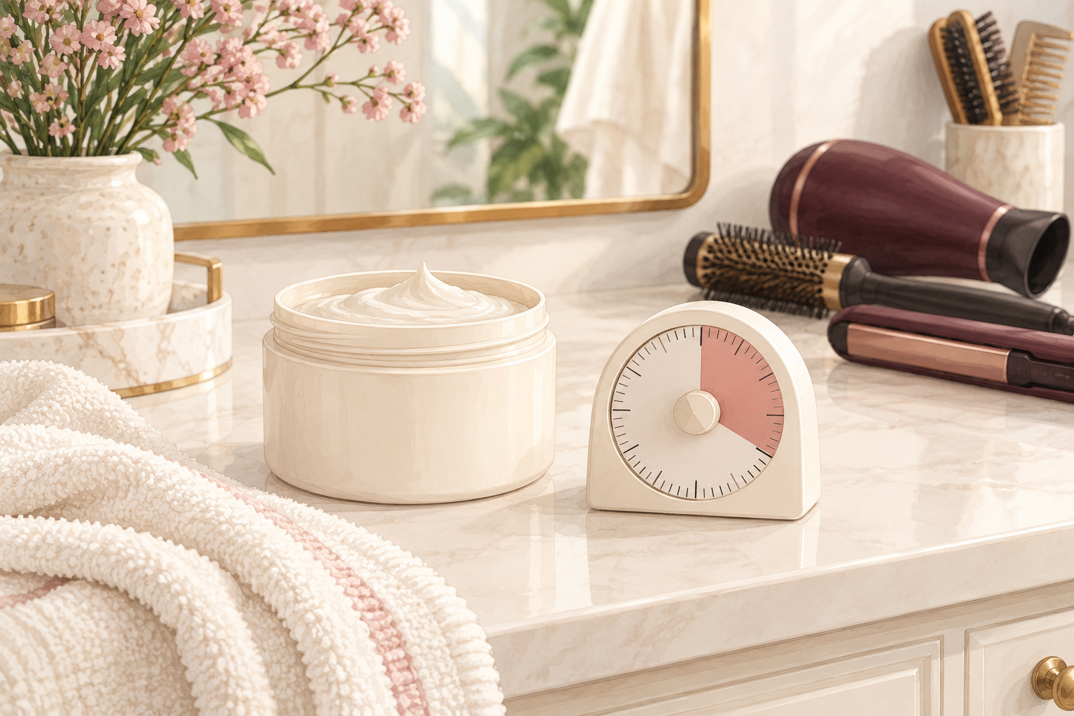 A hair mask jar and an unnumbered timer sit beside a dryer and styling tools.