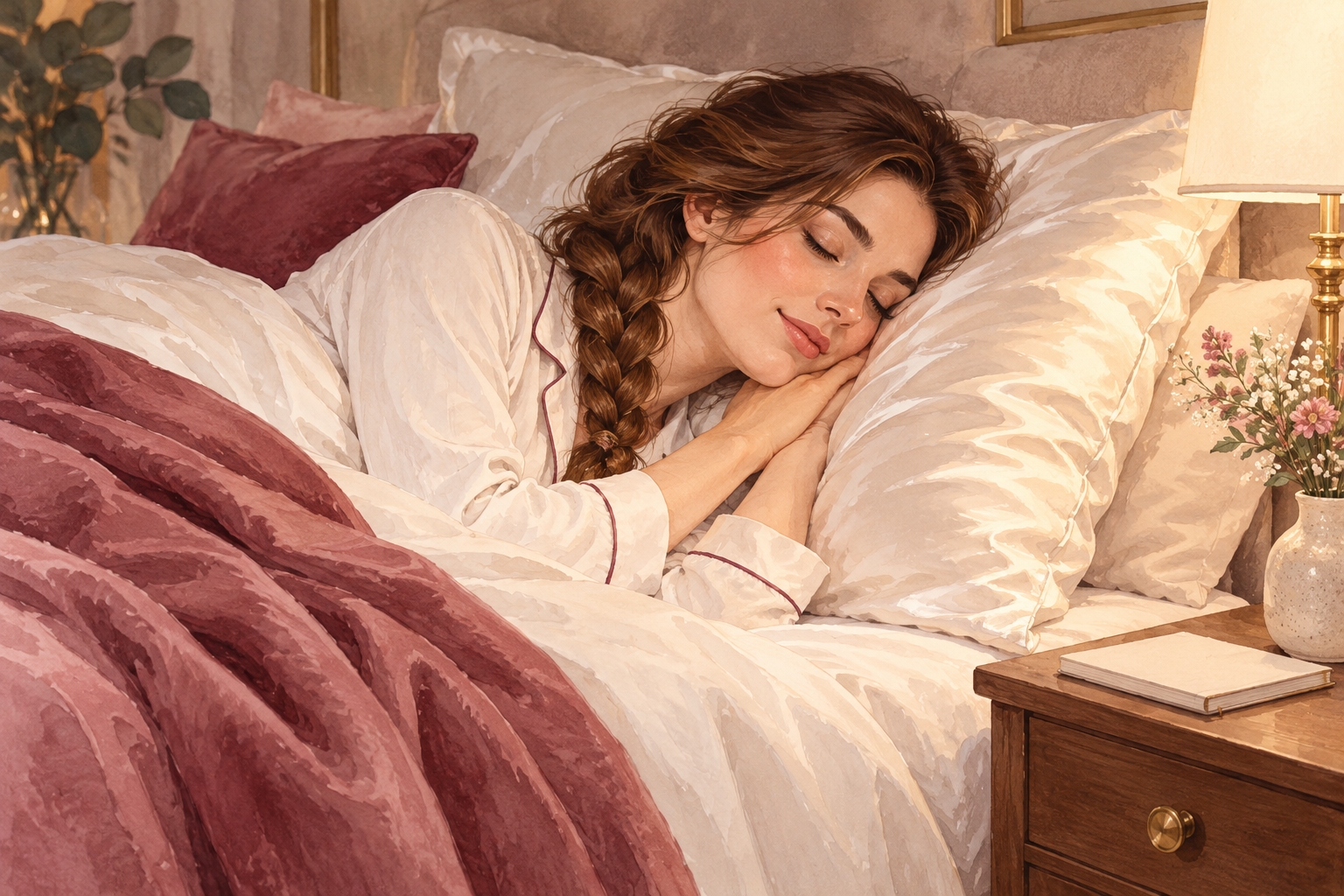 A woman with a loose braid rests on a satin pillow.